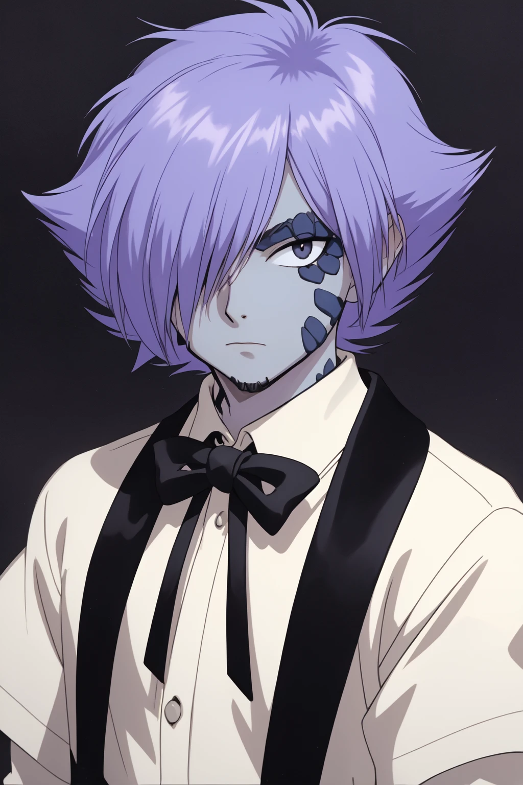 (zelgadis:1), solo male, 1boy, upper body portrait, purple hair,mansion, (black tuxedo:1.2), expressionless, standing, looking at viewer, <lora:Zelgadis1:0.5>, blue skin, hair over one eye