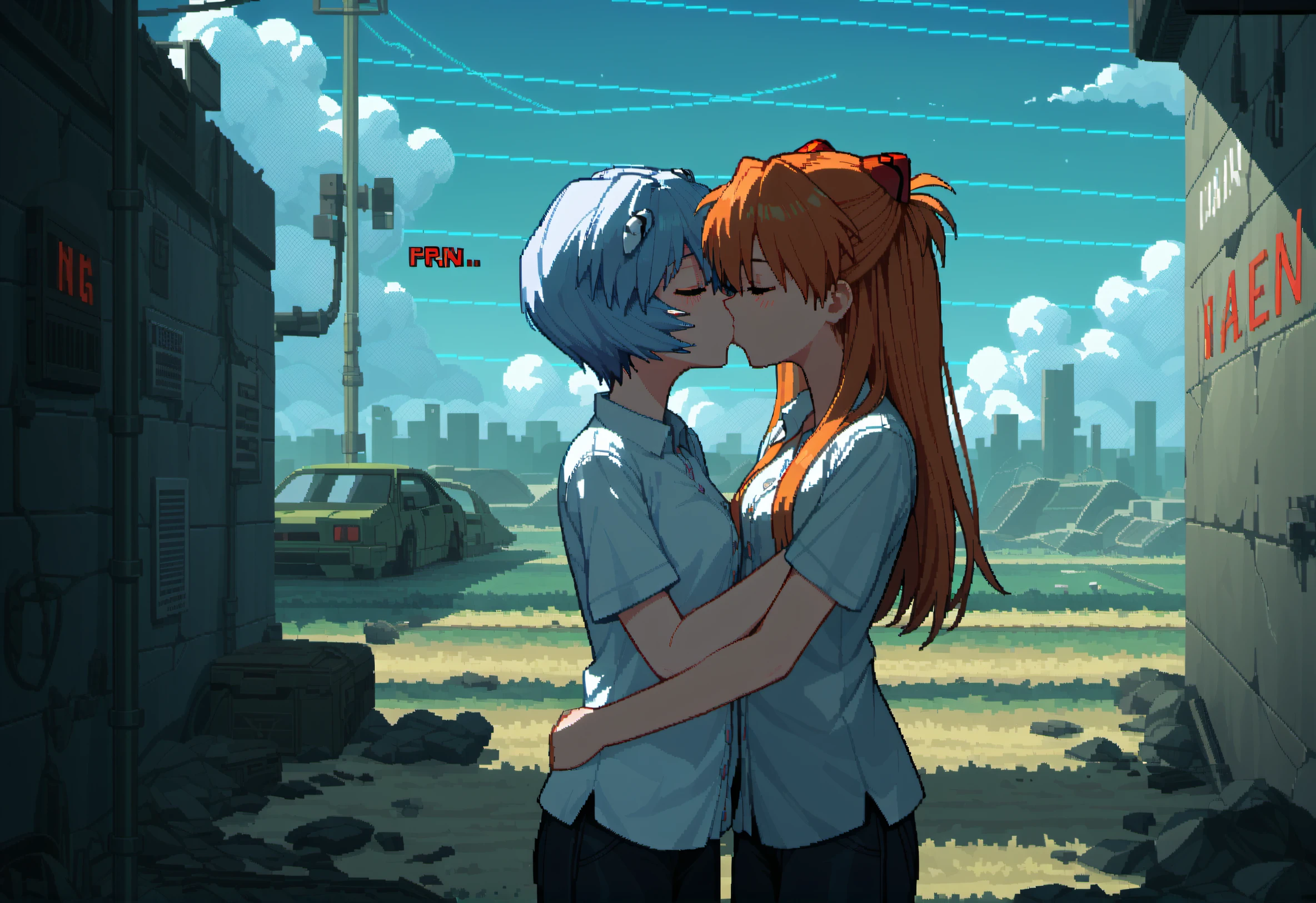 ,, ,, score_8,(User Interface of Action game:1.3), english text,dots game, pixel art, cowboy shot, sound effects,button prompt, 2d dynamic lighting,souryuu asuka langley and ayanami rei, 2girls,multiple girls,post-apocalypse, destroyed city,wasteland, neon genesis evangelion,yuri,kiss,
