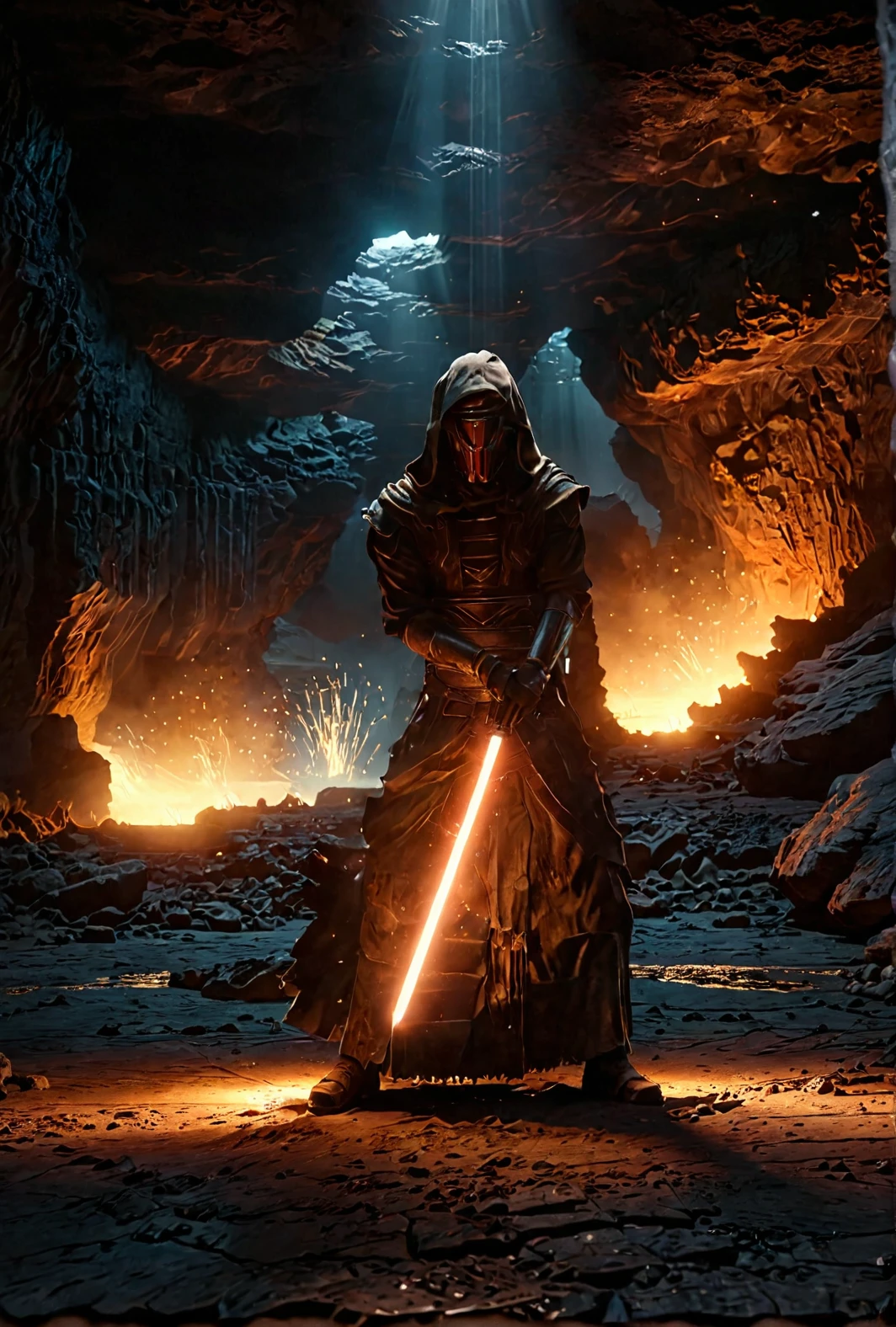 7-DarthRevan holding lightsaber, standing, fighting position,  rtx, field of view, singular lightsaber, darkness all around, inside cave
cinematic masterpiece, slow motion, accurate clothing
[reflections, realistic lighting, light rays, beams of light, realistic, high quality photo, 4k]
 <lora:add-detail-xl:0.5> <lora:xl_more_art-full_v1:0.4> <lora:Darth Revan v1.0:1>
