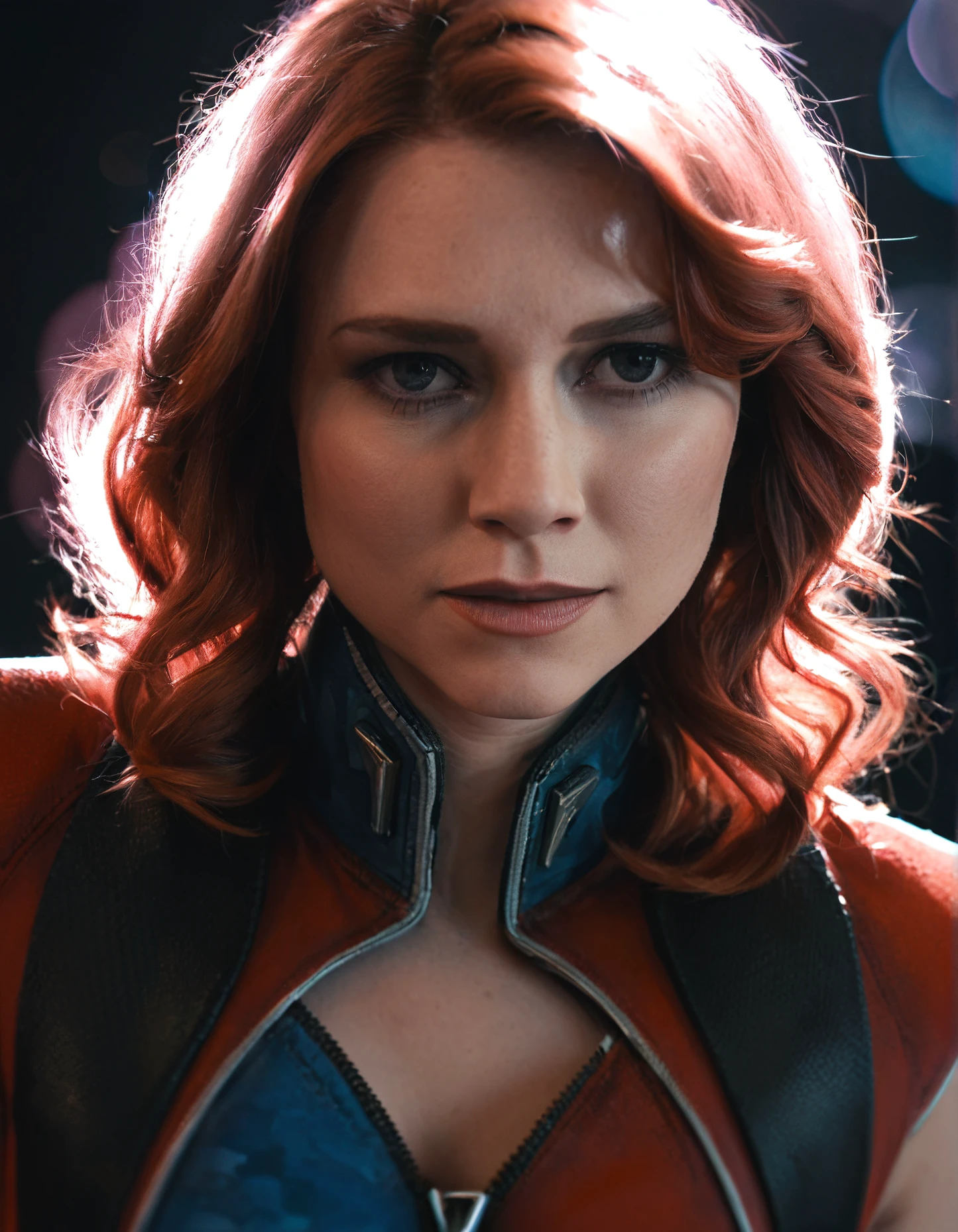 score_9, score_8_up, score_7_up,high res,high resolution,realistic skin,photo,frckr woman,1girl,red hair,medium length hair,jumpsuit,shoulder straps,gloves,boots,close-up,front view,rim lighting,dark room,dimly lit,chiaroscuro,bokeh