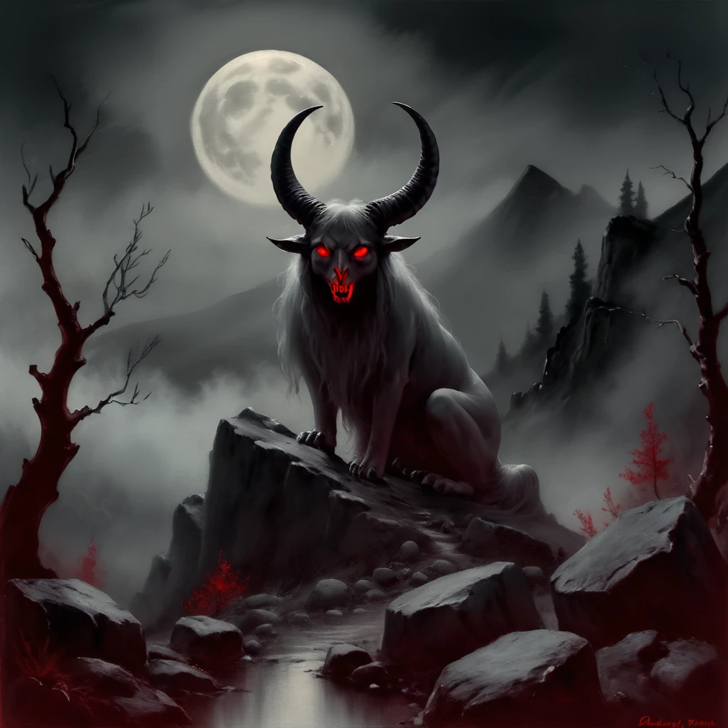 Arcpastel of a malicious ghost with red eyes and horns and claws in a gray fog in a mountain landscape with rocks and trees and clouds and a moon, fantasy art, dark fantasy art, unsettling, death, night