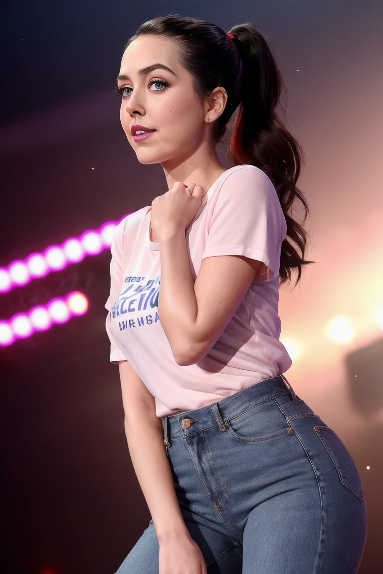 emmafuhrmann, ((red lipstick, blush)), ((detailed eyes, beautiful eyes, detailed face, beautiful face):1.2), , photo of a woman, ponytail, shirt, jeans, mayhem, rubble, explosions, camera, serious