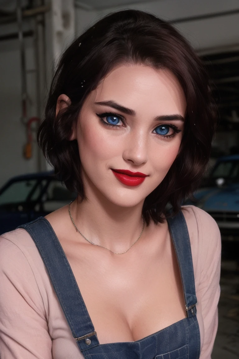 <lora:winona-09:0.6>,winona, ((detailed eyes, beautiful eyes, detailed face, beautiful face):1.2), ((red lipstick, blush)), , photo of a woman, overalls, shirt, car, garage, smiling, wrench, ((mechanic, short hair)),