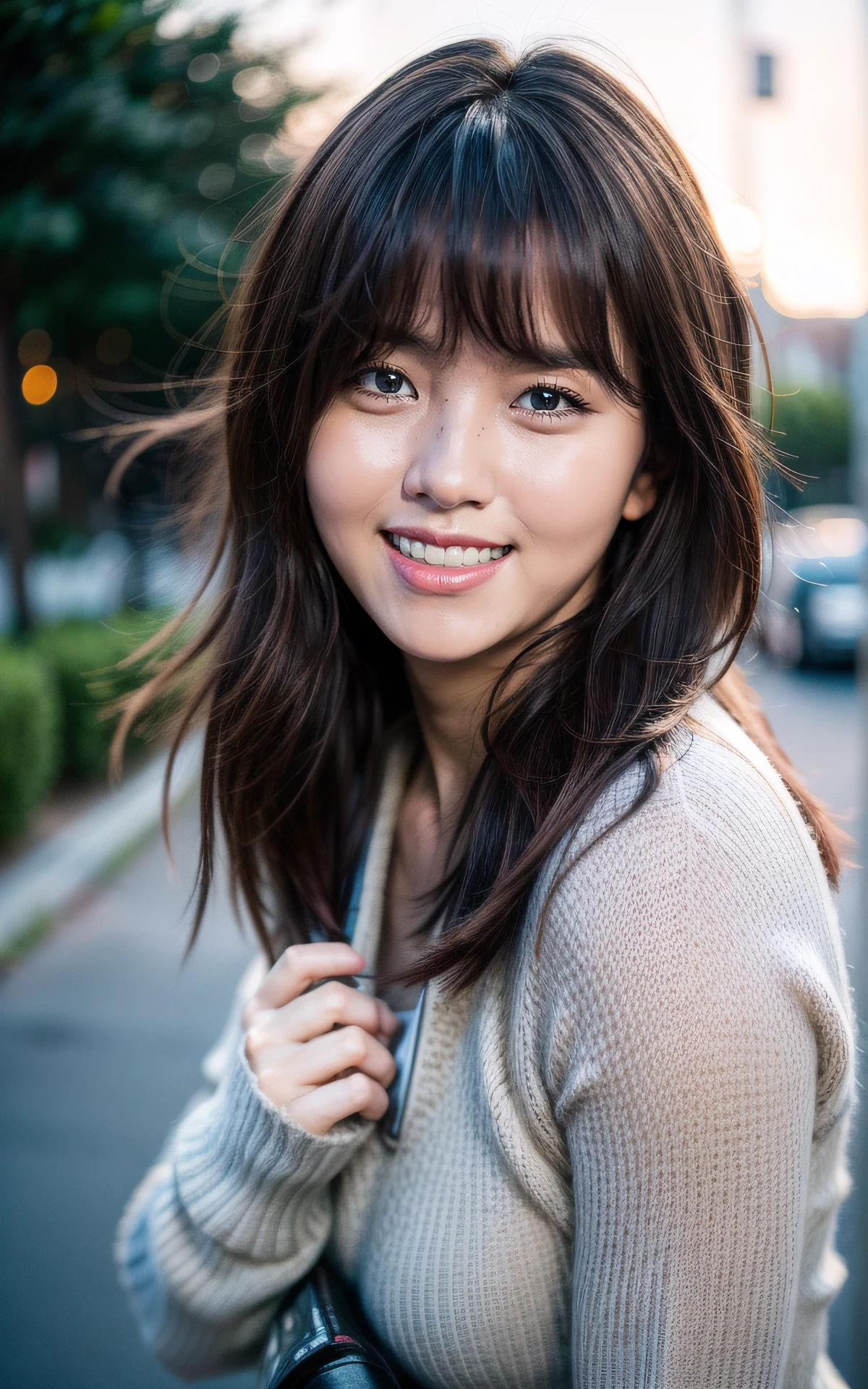 (smiling:1.2), (fullbody:1.2), (realistic), (hyperrealism), (photorealistic:1.4), 1girl, looking at the viewer, eye makeup, detailed eyes, detailed face, (upper body:1.2), detailed background, walking at the streets, sunset, (windy:1.2) z1pp3rsw3at3r,, sleeves past wrists, zipper sweater <lora:more_details:1> <lora:Kim_SohyunV3:1> xsohyun 1girl <lora:forehead_slider_v2:-2> <lora:zoom_slider_v1:-4>