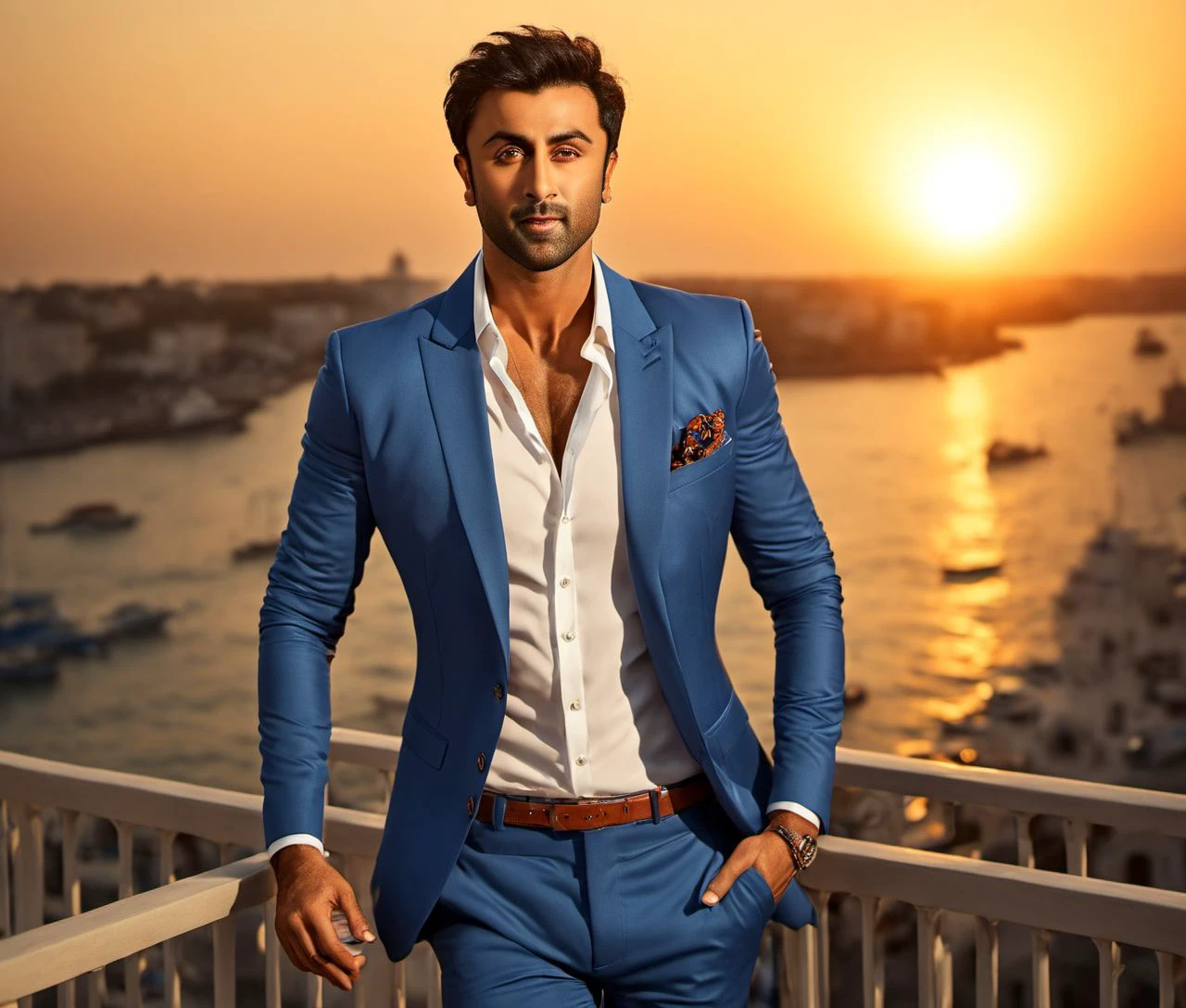 Nautical-themed (Photo:1.3) of (Ultrarealistic:1.3) <lora:Man_Men_FFashion:1> Ranbir Kapoor a man <lora:Ranbir-Kapoor:1> in a blue suit standing on a balcony, handsome man, attractive man, handsome male, sun behind him, inspired by Pablo Munoz Gomez, shot at golden hour, editorial photograph, midshot of a hunky, by Roman Bezpalkiv, by Artur Tarnowski, maxim sukharev, by Gabor Szikszai,Highly Detailed,(Mono Color:1.3) . Sea, ocean, ships, maritime, beach, marine life, highly detailed