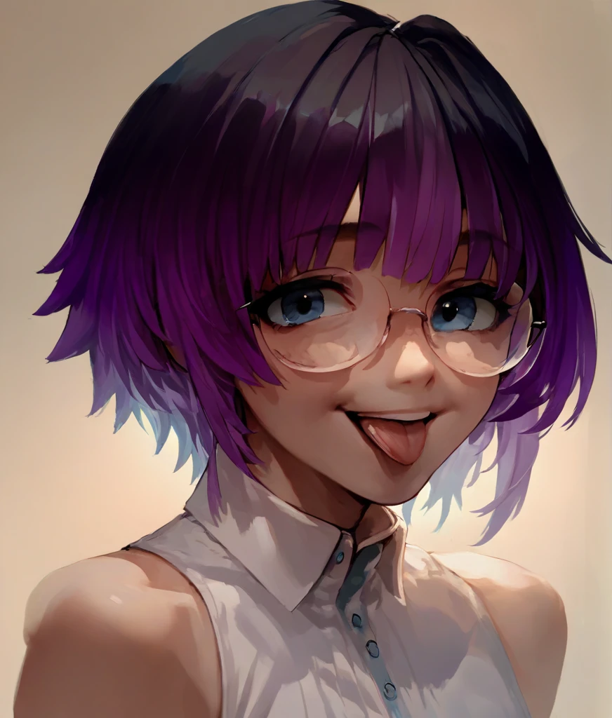 score_9, score_8_up, score_7_up, score_6_up, portrait, rendering, smooth skin, source_anime, solo, ikedelboy, glasses, happy, tongue out, small breasts, lewd, gradient hair, purple hair tip,  blue eyes, short hair,  <lora:PonyXL_V6_IkemeruDeliveryGuy_ikedevg_regularization_single_trigger:0.8>,  <lora:polki_ponyXL_v10:1>