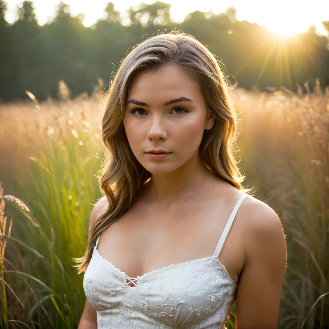 This photograph captures a serene moment of a young woman in a natural setting, bathed in the soft, golden light of the setting sun. The image is characterized by a shallow depth of field, which blurs the background and emphasizes the subject, creating a bokeh effect that adds a dreamy quality to the photo. The woman's face is the focal point, with her features accentuated by the warm sunlight filtering through the tall grasses. Her expression is contemplative, and she wears a delicate white dress that complements the tranquil atmosphere. The photograph employs a technique reminiscent of analog film, with a grainy texture and a natural vignette that adds a nostalgic feel. The overall mood of the image is one of calm and introspection, evoking a sense of timelessness and connection with nature.
BREAK Exceptionally realistic photograph, strong gloom and rim lighting effect. Shallow depth of field, sharp focus on eyes, creamy bokeh, natural early morning lighting, slight overexposure in background highlights, low angle shot, soft shadows, high detail rendition in fur, neutral color balance with cold tones, medium format aesthetics, subtle clarity enhancement in post-processing.