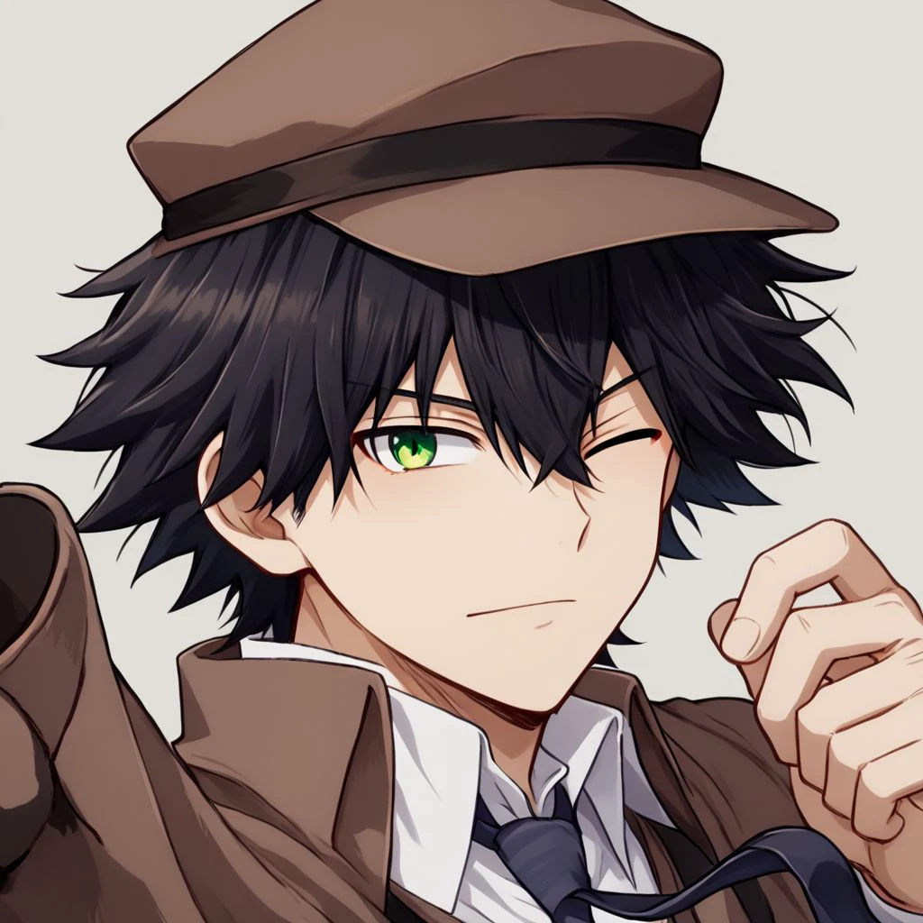 1boy, male focus, messy black hair, green eyes, one eye closed, detective beige clothes, detective hat, necktie, best quality