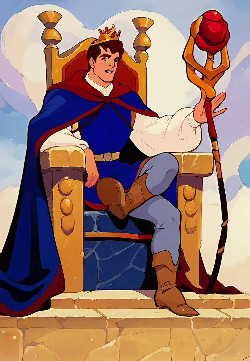 score_9, score_8_up, score_7_up, score_6_up, <lora:Pr1nc3_F_pxl_V1.1-000040:1> pr1nc3 fl0, 1boy, animation, retro artstyle, disney style, king sitting on a throne, waving a sceptre and wearing a crown
 <lora:aminfara:0.5> aminfara, <lora:Smooth Anime 2 Style SDXL_LoRA_Pony Diffusion V6 XL:0.5>