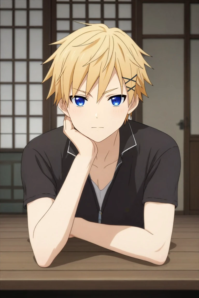 score_9, score_8_up, score_7_up, source_anime, rating_safe, , (3d:0.4), looking at viewer, , 1boy, solo, male focus, <lora:banri_watanuki_pony:0.74>, banri_watanuki, blonde hair, blue eyes, short hair, hair ornament, x hair ornament, hairclip, straight-on, full body, east asian architecture, noon, breast rest, distracted, aloof, oblivious, biker costume, <lora:sdxl_lightning_8step_lora:1>