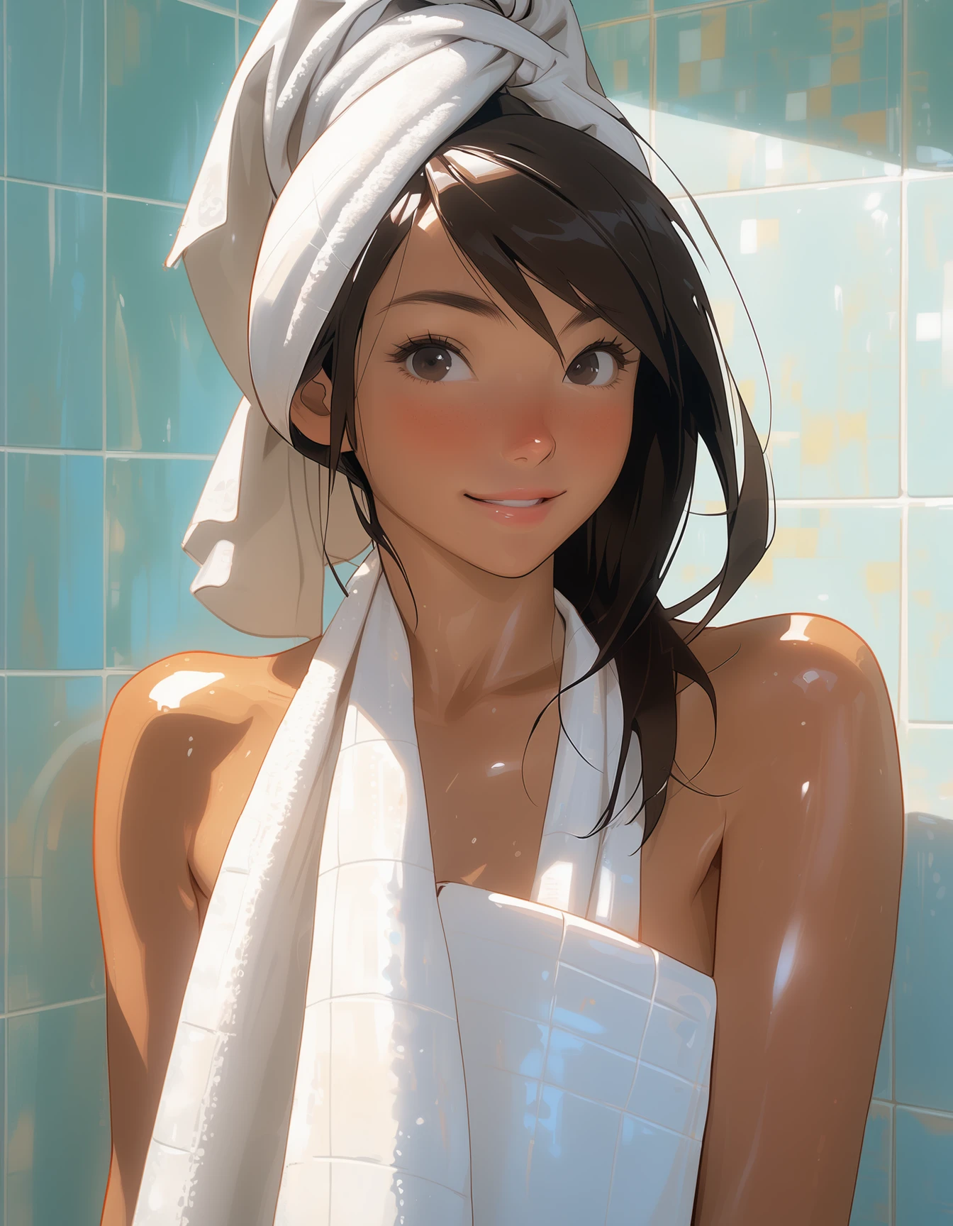 NijiEX style illustration of a young girl with wet hair and a towel set against a tiled background, best quality