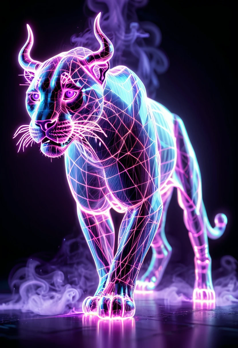 <lora:artfullyANIMALWIRE_SDXL_V1:1>, artnmlwr,  3D full body hologram of a majestic panther, 3D full body shot of a stalking panther made from neon glowing wireframe, A majestic panther made of intricate digital lines and glowing neon colors, a hyper realistic oil painting in the style of cyberpunk elements., cool lighting, dark background with a purple glow behind it, fantasy style digital art., glowing lights on its horns and skin, high resolution., in the style of digital art, neon lights and smoke around the animal, stalking majestically against the backdrop of dark purple smoke, symbolizing strength in business. Intricate glowing hologram line art in the style of digital artists., the whole figure is made up in the style of a geometric wireframe structure, ultra-detailed textures, with a dark background and neon light purple and blue smoke in the style, with purple and blue smoke in the background against a black dark background