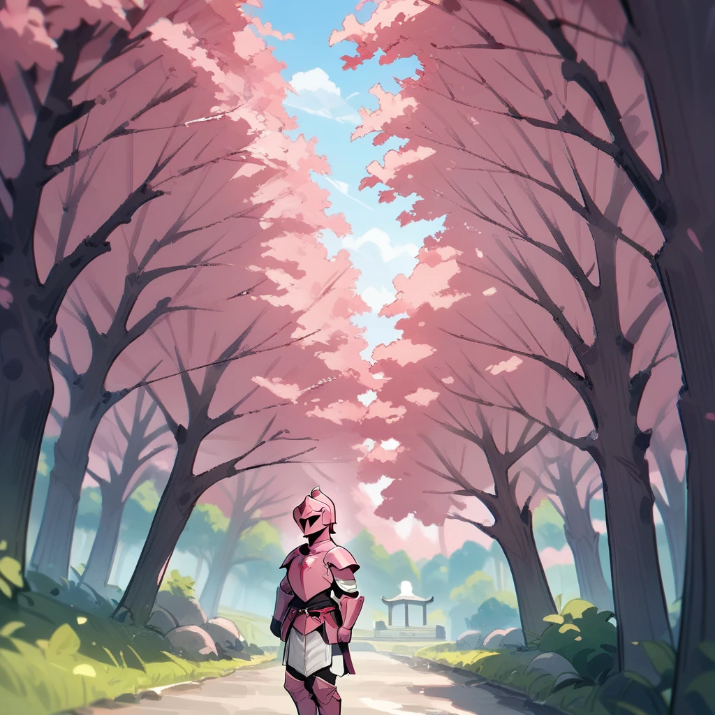 score_9, rating_safe, solo, knight, pink armor, helmet, outdoors, tree, cherry blossom,