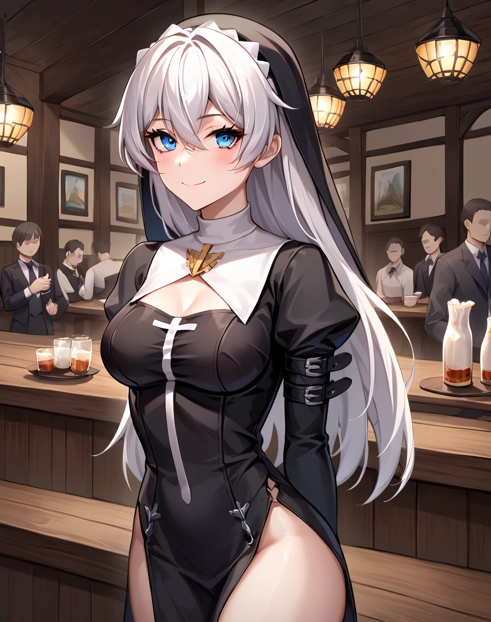 kallen_kaslana, loose hair, straight hair, long hair, white hair, blue eyes, bangs, medium breasts,  black_nun_outfit, BREAK indoor, tavern, faceless people in background BREAK cowboy shot, looking at viewer, standing,closed mouth, sexy smile, flirty,arms behind back, BREAK score_9, score_8_up, score_7_up, source_anime ,zPDXL, <lora:Kallen_Kaslana:0.8>