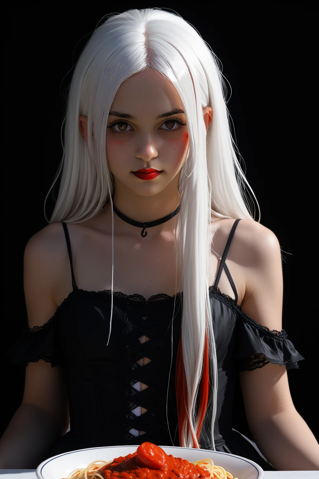 Gothic style, 1girl long hair, looking at viewer, simple background, black hair, white hair, multicolored hair, portrait, realistic, Bathed in shadows, Spaghetti Strap Dress, tomato paste