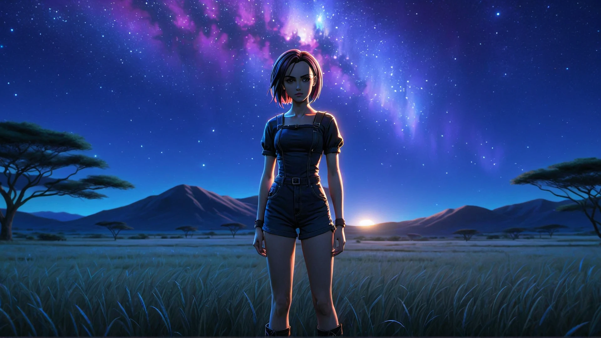 (((masterpiece))) , (((best quality))) , anime style, 2d, well-built charming 1girl, solo, lovely 1girl, AncestralPlane, full body view of beautiful gorgeous Allison Scagliotti, standing in an open field under a brilliant night sky, looking away from the viewer, she has Shaved sides hair, key visual, 