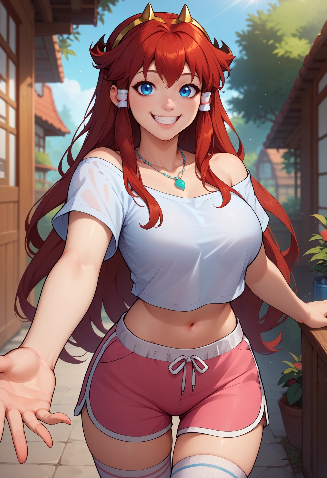 score_9, score_8_up, score_7_up, 1girl, solo, ditlieb, blue eyes, long hair, sidelocks, hair tubes, red hair, large breasts, horns, hairband, <lora:DitaLiebelyPDXL_V1-Manityro-CAME:0.7>,
white shirt, off shoulder, short sleeves, necklace, midriff, pink shorts, dolphin shorts, thigh socks, white socks,
looking at viewer, smile, happy, reaching towards viewer, hug, incoming hug,
outdoors,