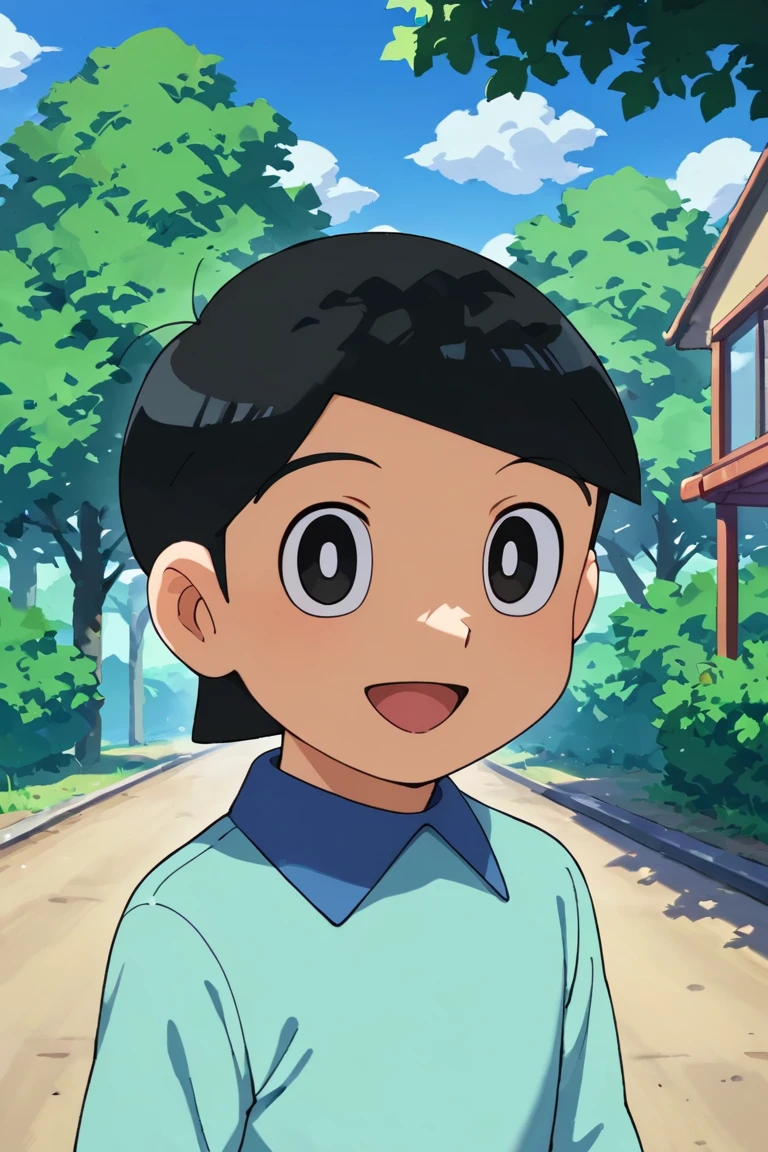 score_9,score_8_up,score_7_up,source_anime,1boy, solo,looking at viewer, Hidetoshi Dekisugi,black hair, black eyes, smile, Blue shirt,long shirt, outdoors, open mouth<lora:EMS-402860-EMS:0.800000>