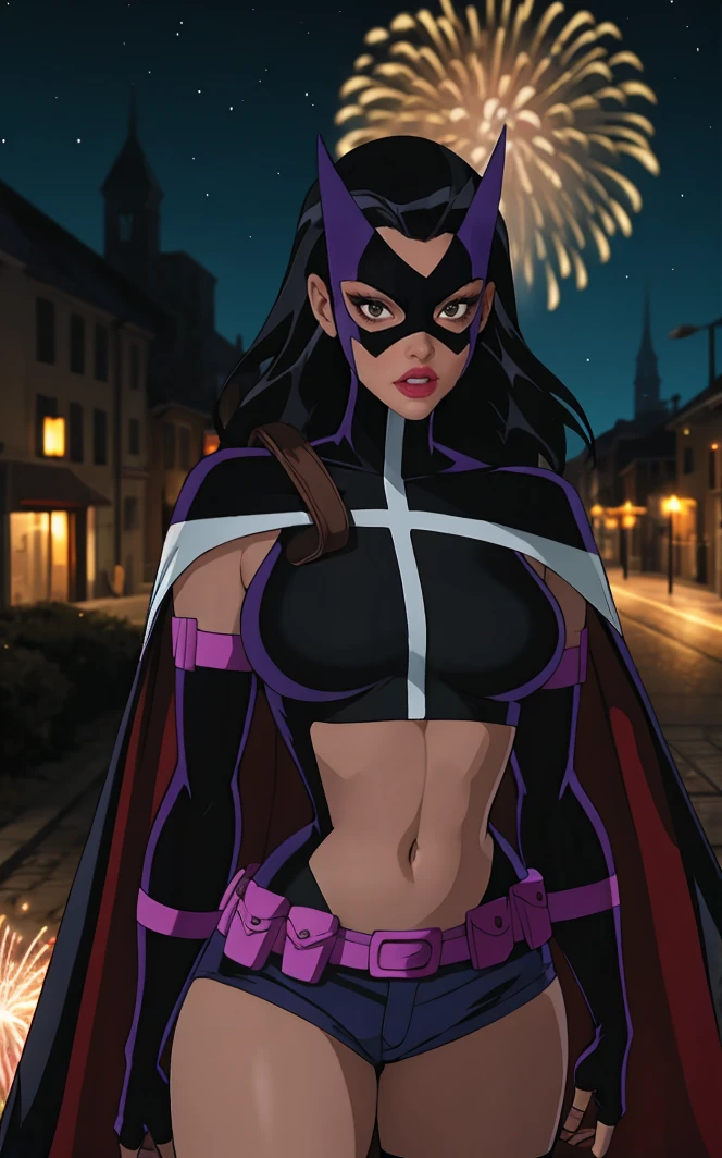 masterpiece, best quality, highres, contrapposto, 
Costum_JLU_Huntress_ownwaifu,
1girl,  black hair, mask, domino mask, eye mask, long hair, lipstick, black eyes, lips, red lips, breasts, large breasts,   toned, 
navel cutout, short shorts, belt pouch, cape, midriff, navel, fingerless gloves, elbow gloves, bodysuit, crop top, clothing cutout, black cape,  black thighhighs, 
<lora:DC_JLU_Huntress_ownwaifu:0.7> ,
canal, vanishing point, depth_of_field, scenery, night, aerial fireworks, solo, cowboy shot, looking at viewer,