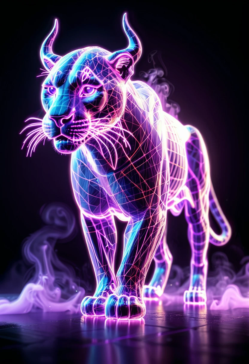 <lora:artfullyANIMALWIRE_SDXL_V1:1>, artnmlwr,  3D full body hologram of a majestic panther, 3D full body shot of a stalking panther made from neon glowing wireframe, A majestic panther made of intricate digital lines and glowing neon colors, a hyper realistic oil painting in the style of cyberpunk elements., cool lighting, dark background with a purple glow behind it, fantasy style digital art., glowing lights on its horns and skin, high resolution., in the style of digital art, neon lights and smoke around the animal, stalking majestically against the backdrop of dark purple smoke, symbolizing strength in business. Intricate glowing hologram line art in the style of digital artists., the whole figure is made up in the style of a geometric wireframe structure, ultra-detailed textures, with a dark background and neon light purple and blue smoke in the style, with purple and blue smoke in the background against a black dark background