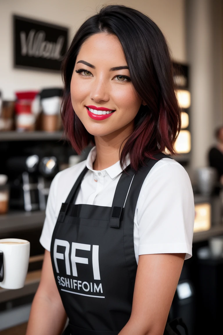 oliviamunn, ((red lipstick, eye shadow, eyeliner, blush)), ((detailed eyes, beautiful eyes, detailed face, beautiful face):1.2), ,photo of a woman, RAW, ((barista uniform, shirt, apron, coffee)), ((short hair, dark red hair)), ((in a coffee shop)), , 8k uhd, dslr, soft lighting, high quality, film grain, Fujifilm XT3 sharp focus, f 5.6, , smiling