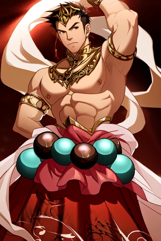 (masterpiece),(best_quality),1boy,Agyou,bare shoulders,transparent shawl,gold armlet,bead belt,red skirt,<lora:Agyou:1>,