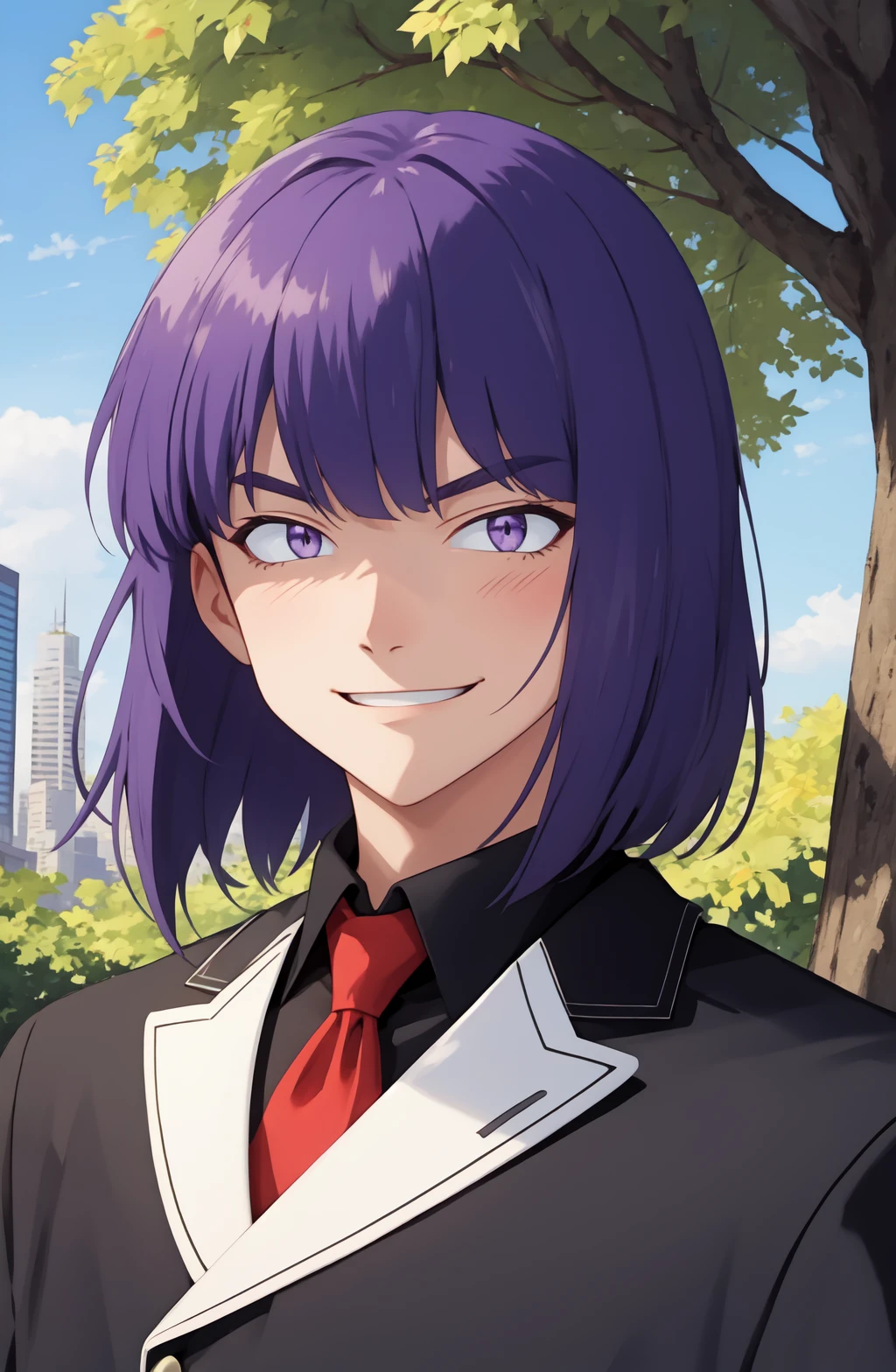 (xellos:1), solo male, 1boy, upper body portrait,vibrant colors, colorful, original, purple_hair, city, park, grass, trees, black tuxedo, smile, expressionless, neutral_expression, crystal, bob cut  <lora:Xelloss01:0.6>, purple eyes, evil, mad, blunt bangs, grin