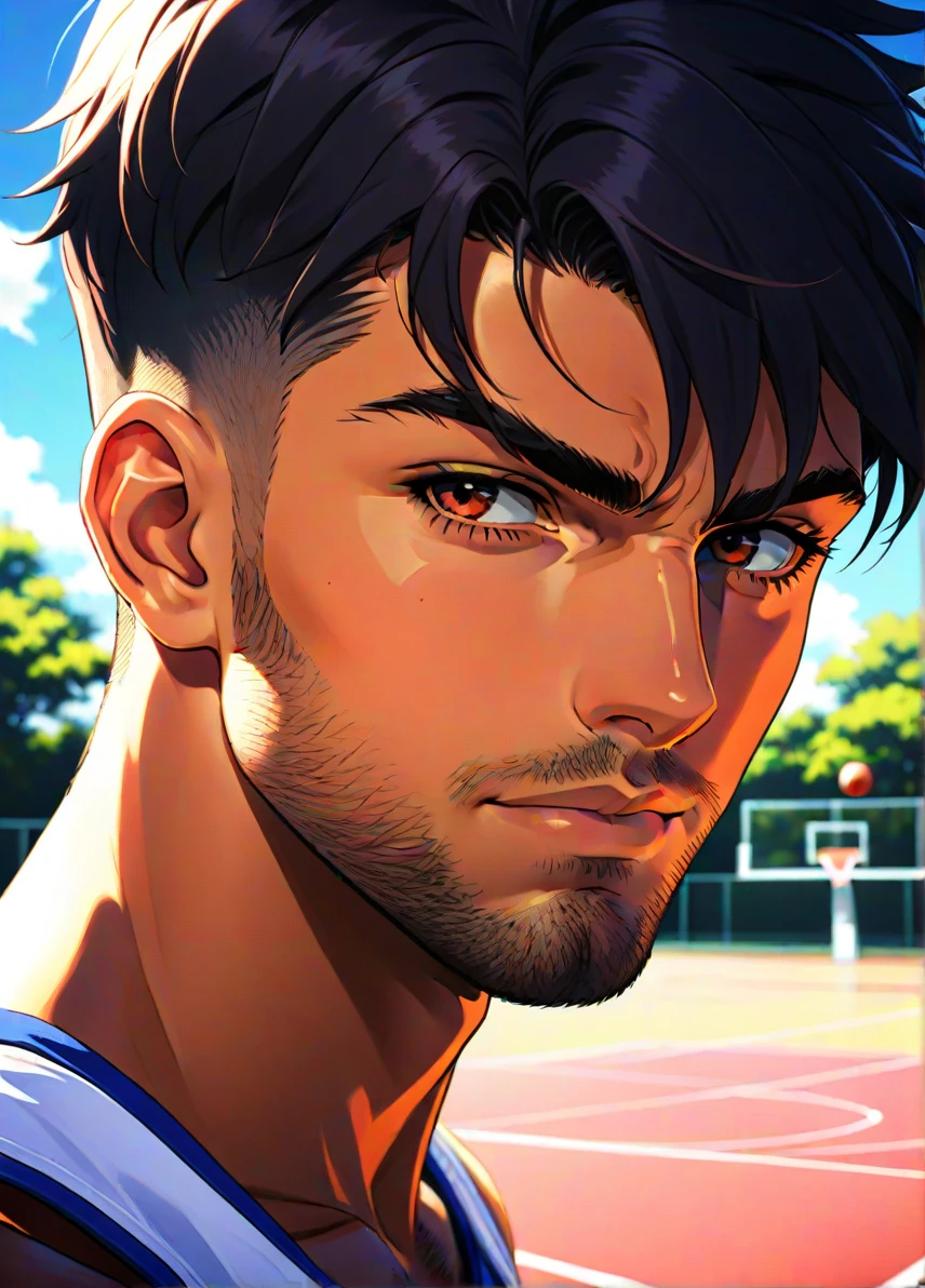 anime artwork manga style An epic concept render unfolds on a dark, moxie1776 20 year old american man, marine high and tight dark hair, no facial hair, happy and expression, closed mouth, close-up, looking at viewer, outdoor basketball court  in the background,  <lora:moxie1776:0.6>,  <lora:zavy-cntrst-sdxl:0.6> dark, chiaroscuro, low-key . vibrant, high-energy, detailed, iconic, Japanese comic style, . anime style, key visual, vibrant, studio anime,  highly detailed