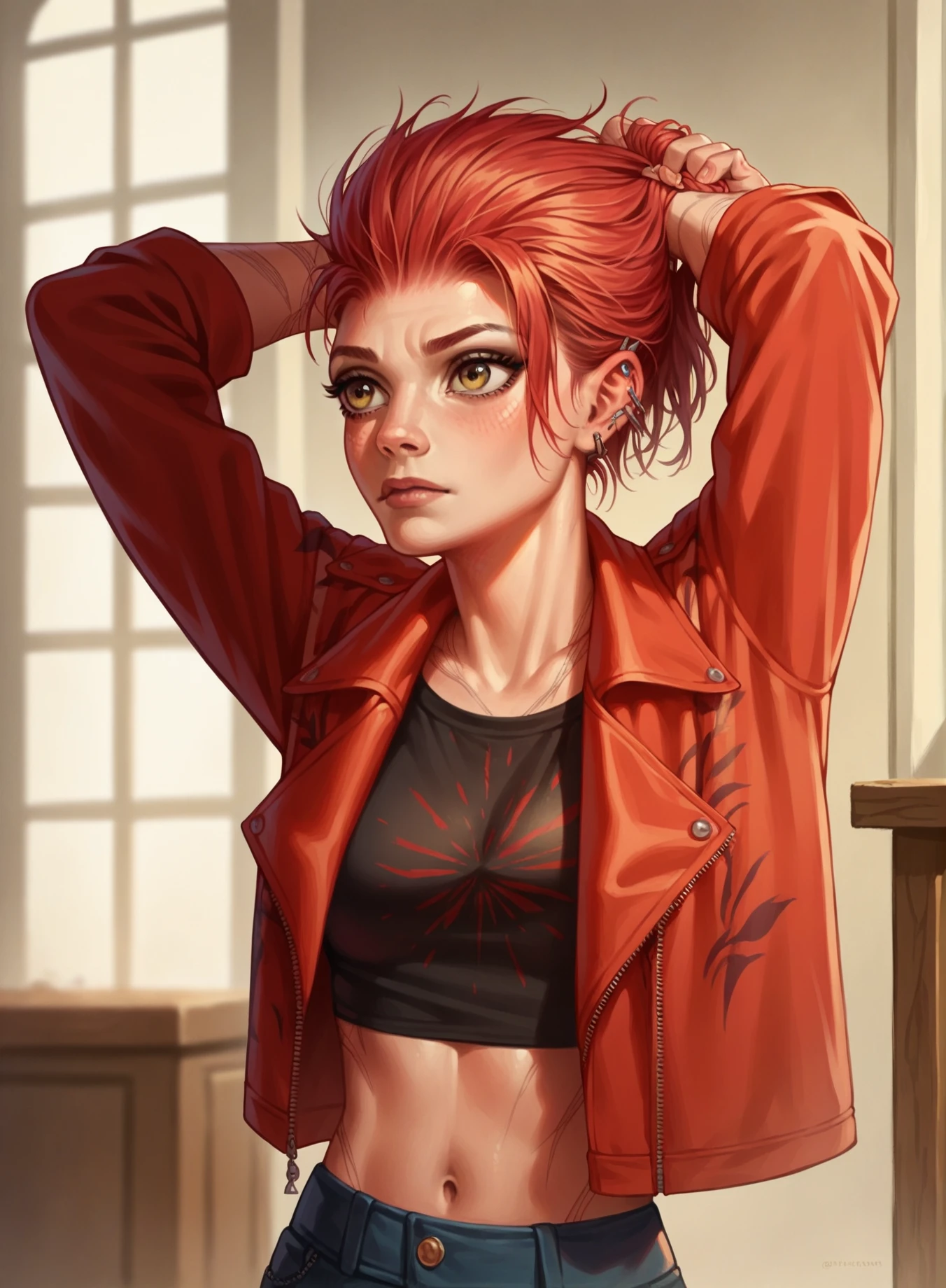 woman, 2d, digital art, masterpiece <lora:Art3mis:0.9> art3mis, red hair, open jacket, crop top, hands behind the head tying the hair, solo, score_9, score_8_up, score_7_up, score_6_up, score_5_up, score_4_up