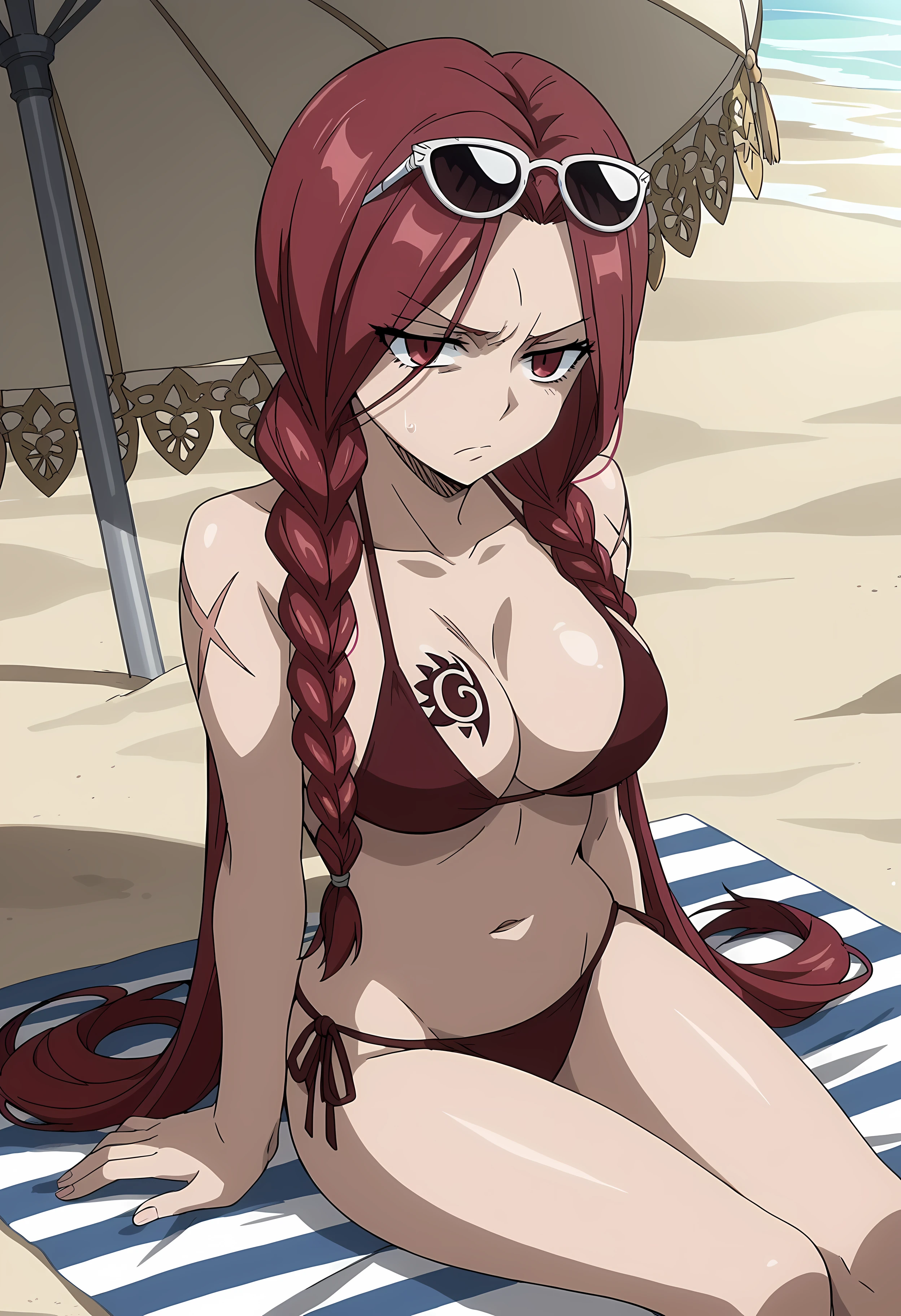 arms behind, masterpiece, top angle, camera gaze, one girl, cute, slender, black bikini, big, sagging breasts, sweaty, bright, shining skin, depth of field, sharp focus, detailed eyes, clear eyes, realistic eyes, delicate facial features, high resolution, (hyper detail: 1.2), trembling, anguish, sad smile, restraint, shyness, (teary eyes: 1.5), (thick thighs: 0.4) micro bikini,micro bikini,red hair, long braided hair, golden eyes,squatting,open legs