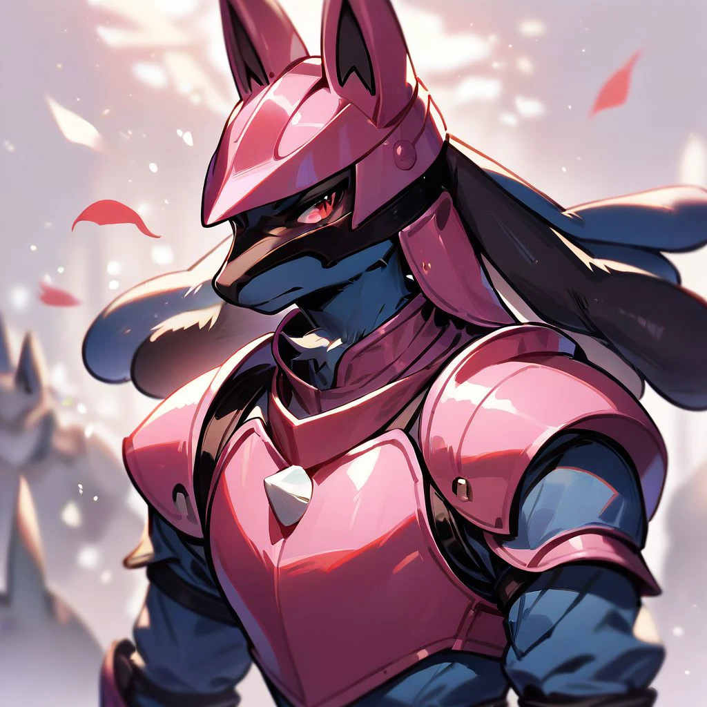 score_9,score_8_up,score_7_up,score_6_up,score_5_up,score_4_up, solo, knight, pink armor, helmet, pokemon (creature), lucario, red eyes, blue fur,