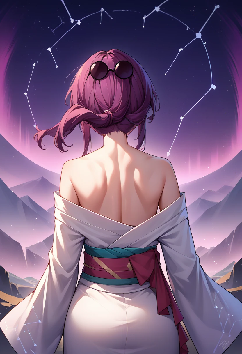 score_9, score_8_up, source_anime, 1girl, solo, KafkaHSR, purple eyes, long hair, ponytail, sidelocks, sunglasses on head, aurora, back, bare back, bare shoulders, constellation, from behind, kimono, light particles, long sleeves, off shoulder, <lora:ChamKafkaHSRPonyXL:1>