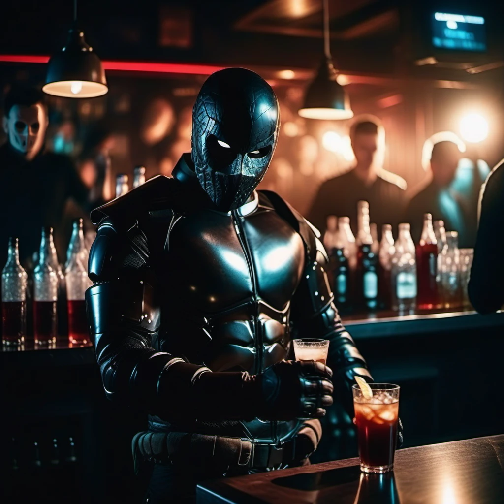 cinematic photo  man with a black mask in an black armored bodysuit, black gloves, black cargopants, shoulder armor, breast plate, black military boots, dark, making a cocktail in a shaker in a dark pub <lora:Rendel1024-000150:0.8> . 35mm photograph, film, bokeh, professional, 4k, highly detailed