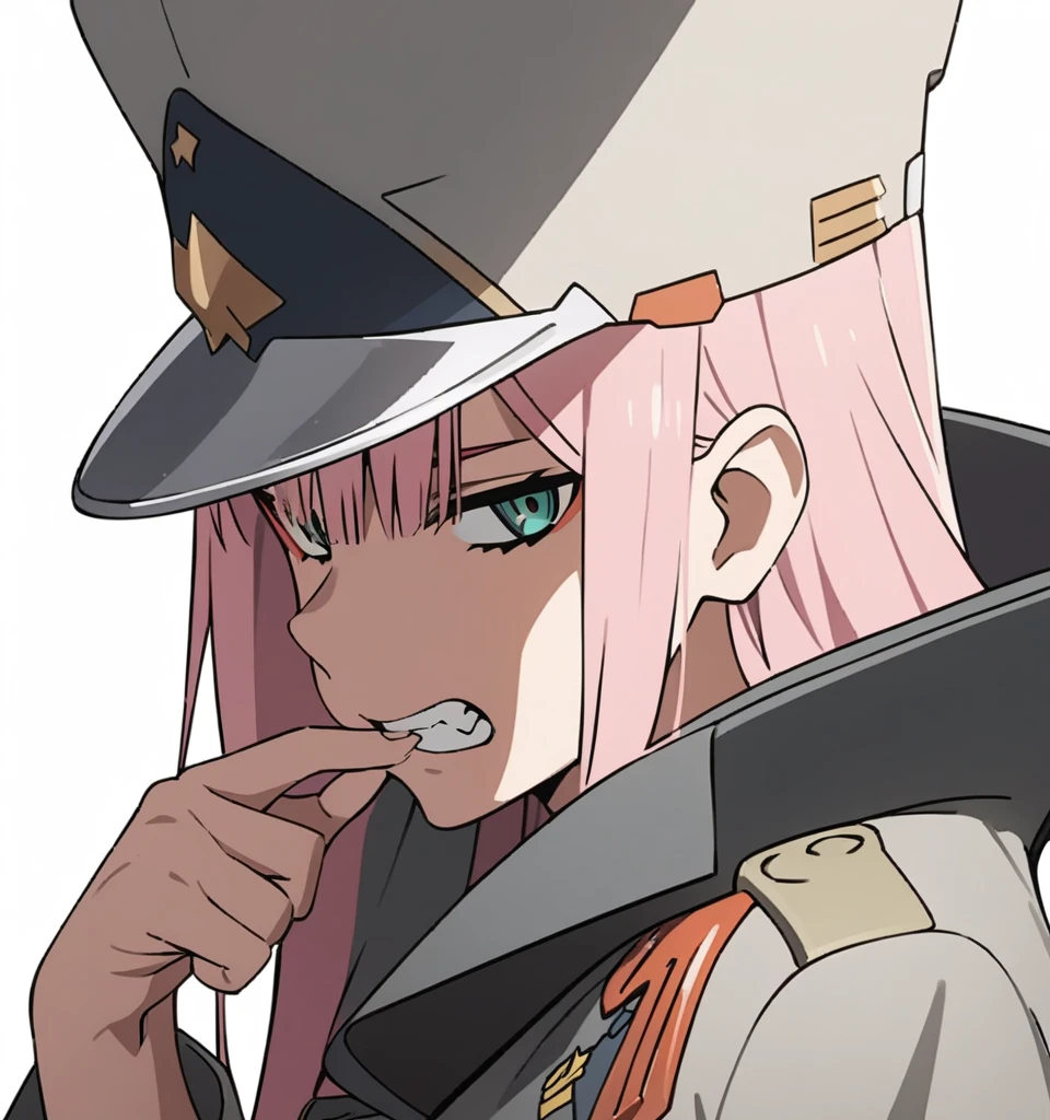 best quality,masterpiece,zero two (darling in the franxx),1girl,pink hair,solo,hat,teeth,long hair,green eyes,grey coat,clenched teeth,fingernails,bangs,parted lips,military hat,biting thumb,from side,finger biting,upper body,<lora:zerotwo4-zerotwo4-000009:1>,simple background,white background,