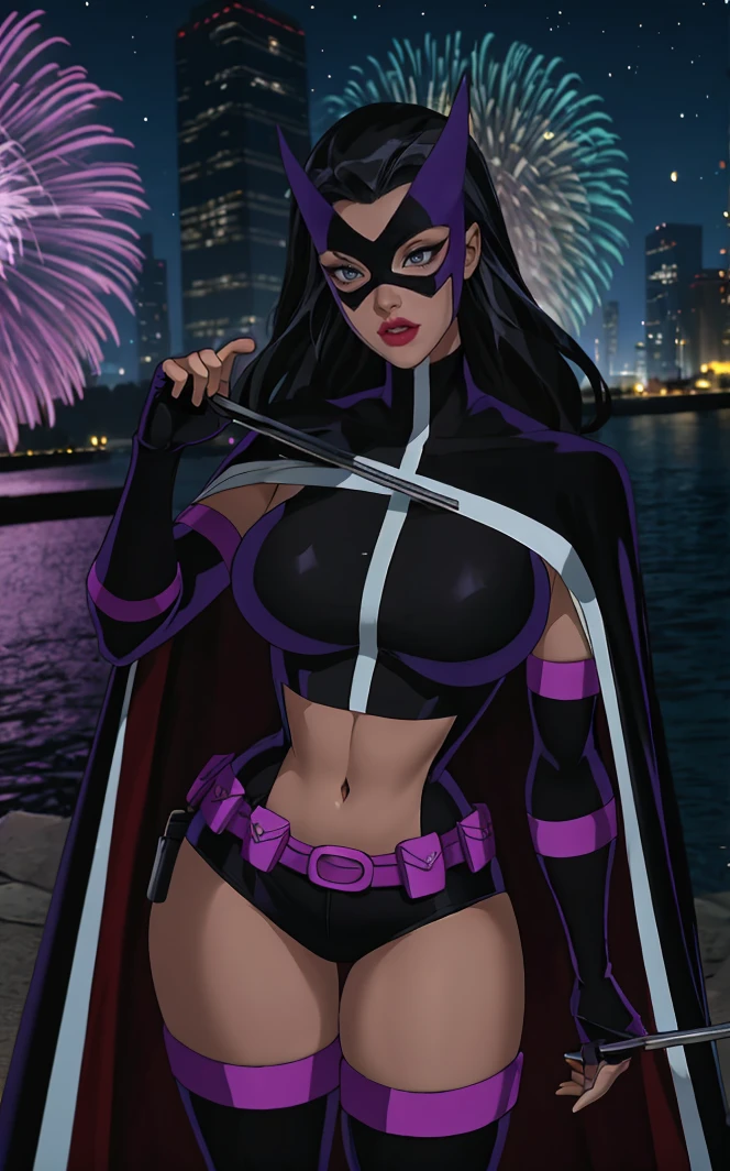 masterpiece, best quality, highres, contrapposto, 
Costum_JLU_Huntress_ownwaifu,
1girl,  black hair, mask, domino mask, eye mask, long hair, lipstick, black eyes, lips, red lips, breasts, large breasts,   toned, 
navel cutout, short shorts, belt pouch, cape, midriff, navel, fingerless gloves, elbow gloves, bodysuit, crop top, clothing cutout, black cape,  black thighhighs, 
<lora:DC_JLU_Huntress_ownwaifu:0.7> ,
canal, vanishing point, depth_of_field, scenery, night, aerial fireworks, solo, cowboy shot, looking at viewer,