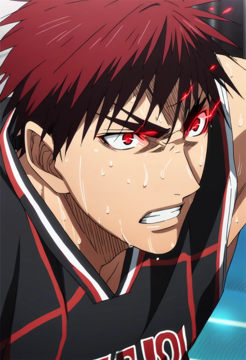 score_9, score_8_up, score_7_up, score_6_up, detailed, ,source_anime, taiga kagami, red hair, red eyes, 1boy, male focus, solo, black sportwear, sweat, basketball uniform,basketball, glowing eyes<lora:EMS-403084-EMS:1.000000>