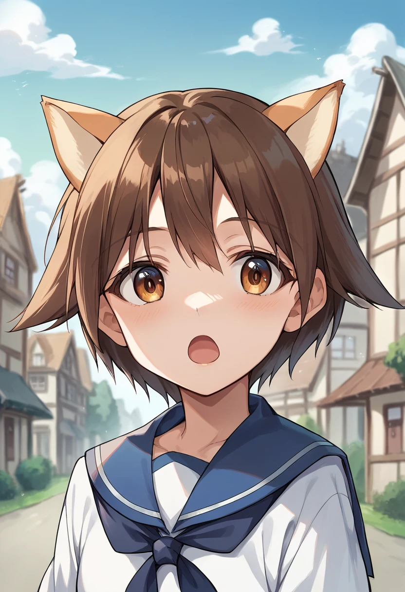 score_9, score_8_up, score_7_up, source_anime, masterpiece, 1girl, ctianyoshi, serafuku, upper body, blue sailor collar, neckerchief, looking at viewer, open mouth, outdoors,  town, dog ears, dog girl, <lora:Myafuji_Yoshikawa_Strike_Witches_PONY_ct:0.8>