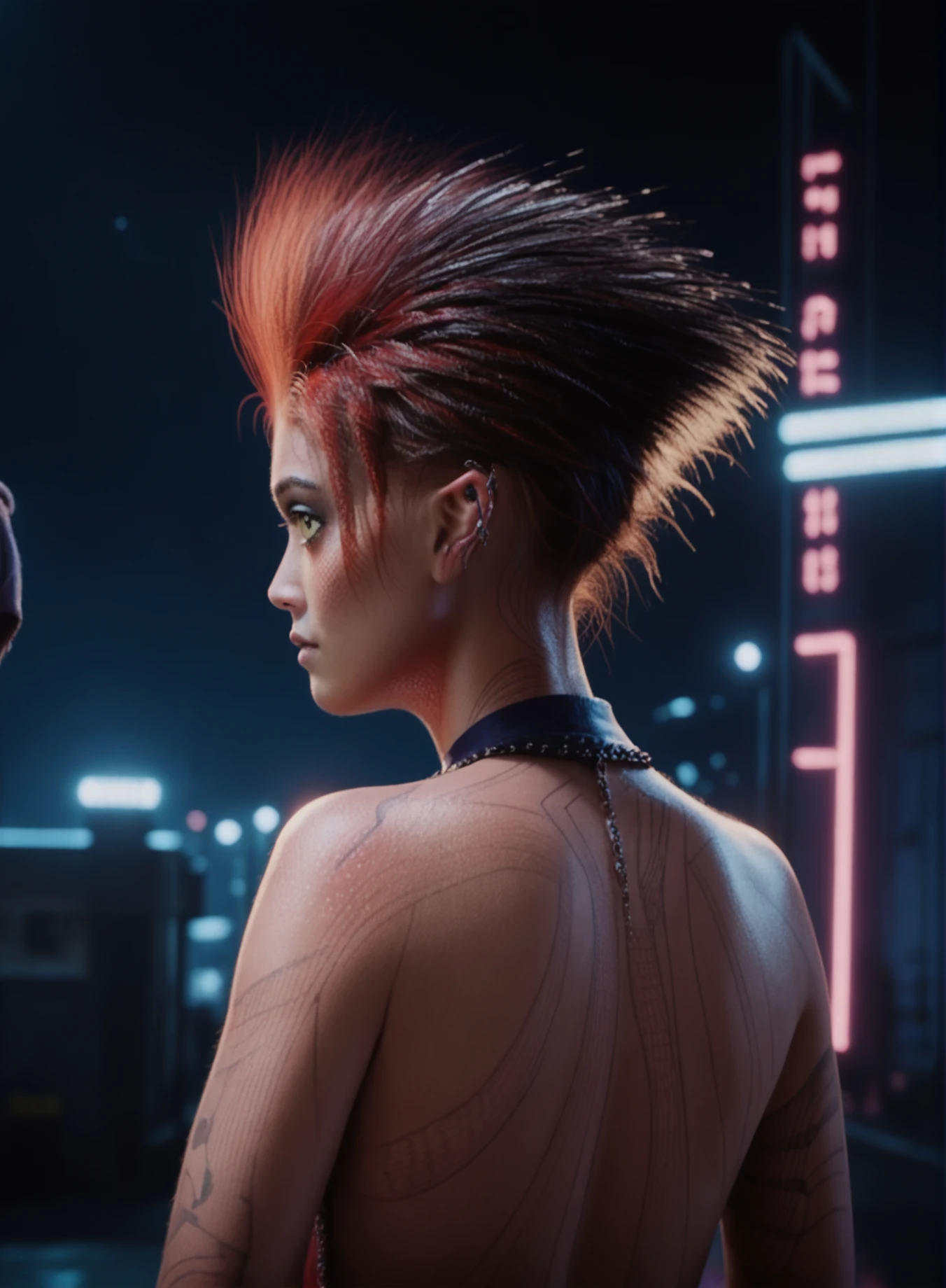 <lora:Art3mis:1> art3mis, portrait, 1 girl, looking at the viewer, red hair, back view, sexy, upper body image, neon, cyberpunk, night, score_9, score_8_up, score_7_up, score_6_up, score_5_up, score_4_up