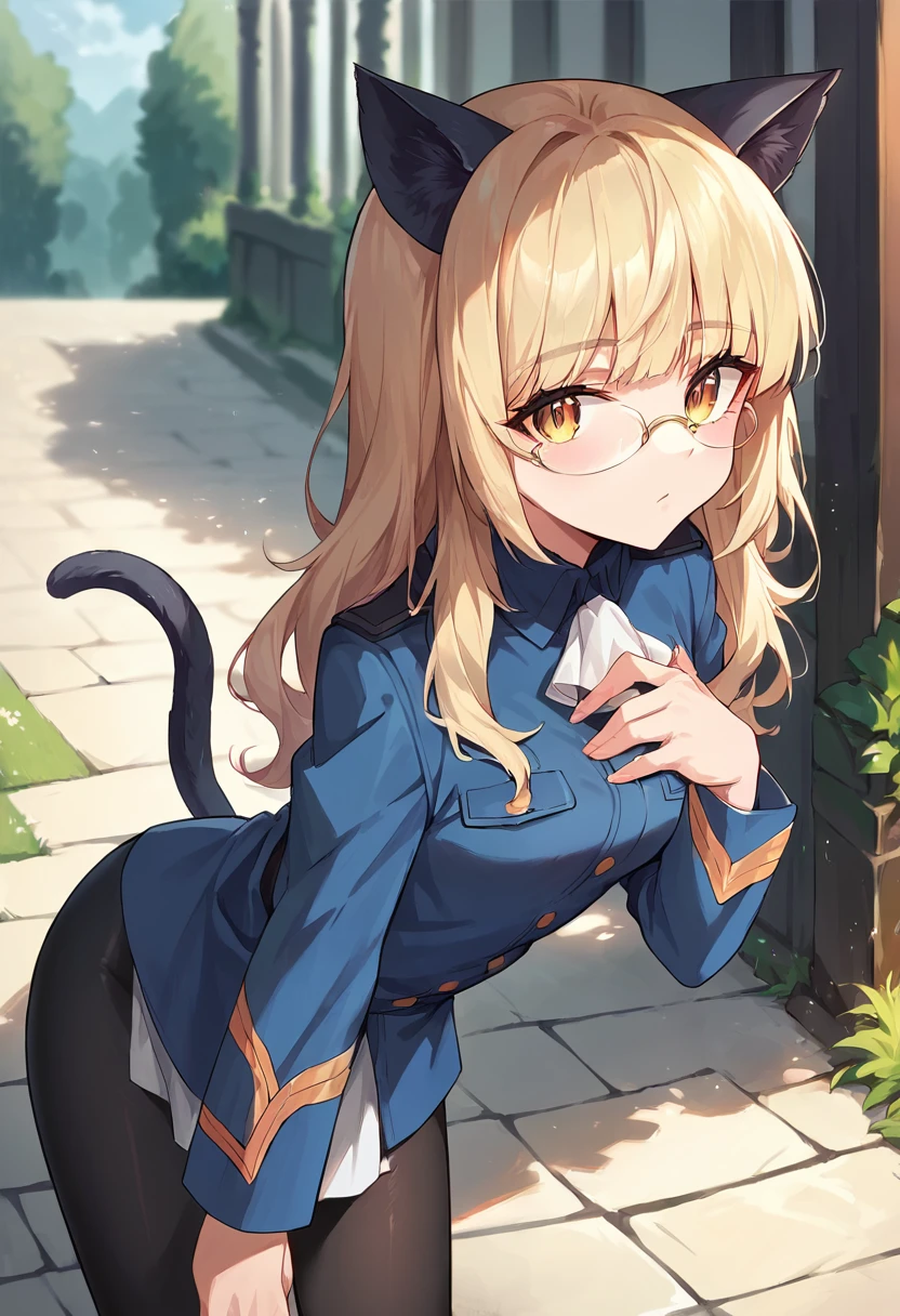 score_9, score_8_up, score_7_up, source_anime, masterpiece, 1girl, ctianperrine, black pantyhose, blue uniform, ascot, looking at viewer, outdoors, hand on chest, leaning forward, cat ears, cat tail, cat girl, <lora:Perrine_Strike_Witches_Pony_ct:0.8>