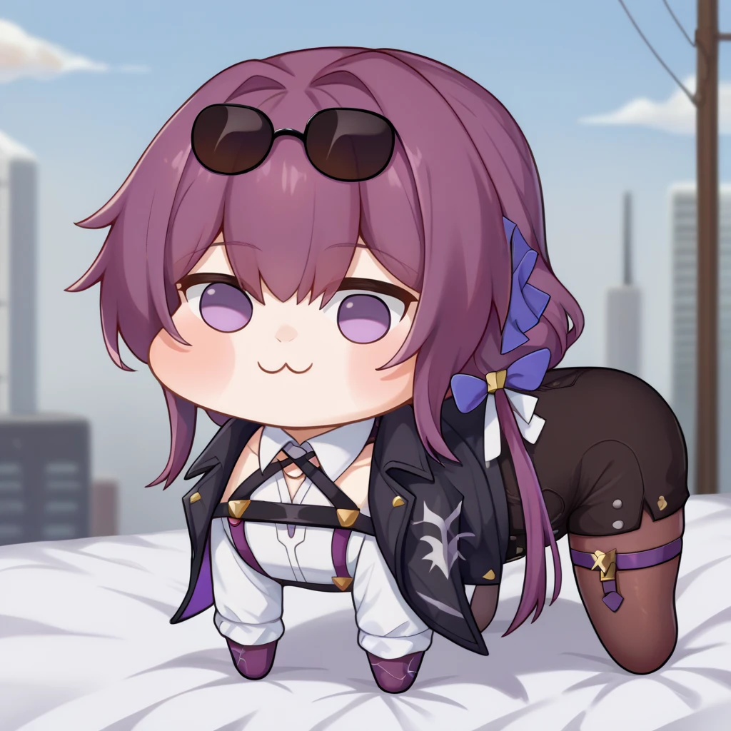 score_9, score_8_up, score_7_up, detailed, BREAK 1girl, solo, kafmoommy, purple eyes, no pupils, purple hair, medium hair, large breasts, <lora:KafkaPDXL_V1-Manityro-CAME:1.0>,
indoors, bedroom, purple theme, dark, night, dark environment,
<lora:Doro_X_PDXL_V1:1.2>, doro, creature, :3, chibi, no humans, four legs, solid circle eyes, no pupils, all fours, side view, full body,
eyewear on head, jewelry, earrings, black jacket, open jacket, jacket on shoulders, chest harness, white shirt, collared shirt, long sleeves, high-waist shorts, pantyhose under shorts, purple pantyhose, single thigh boot, thigh boots, thigh strap, ribbon