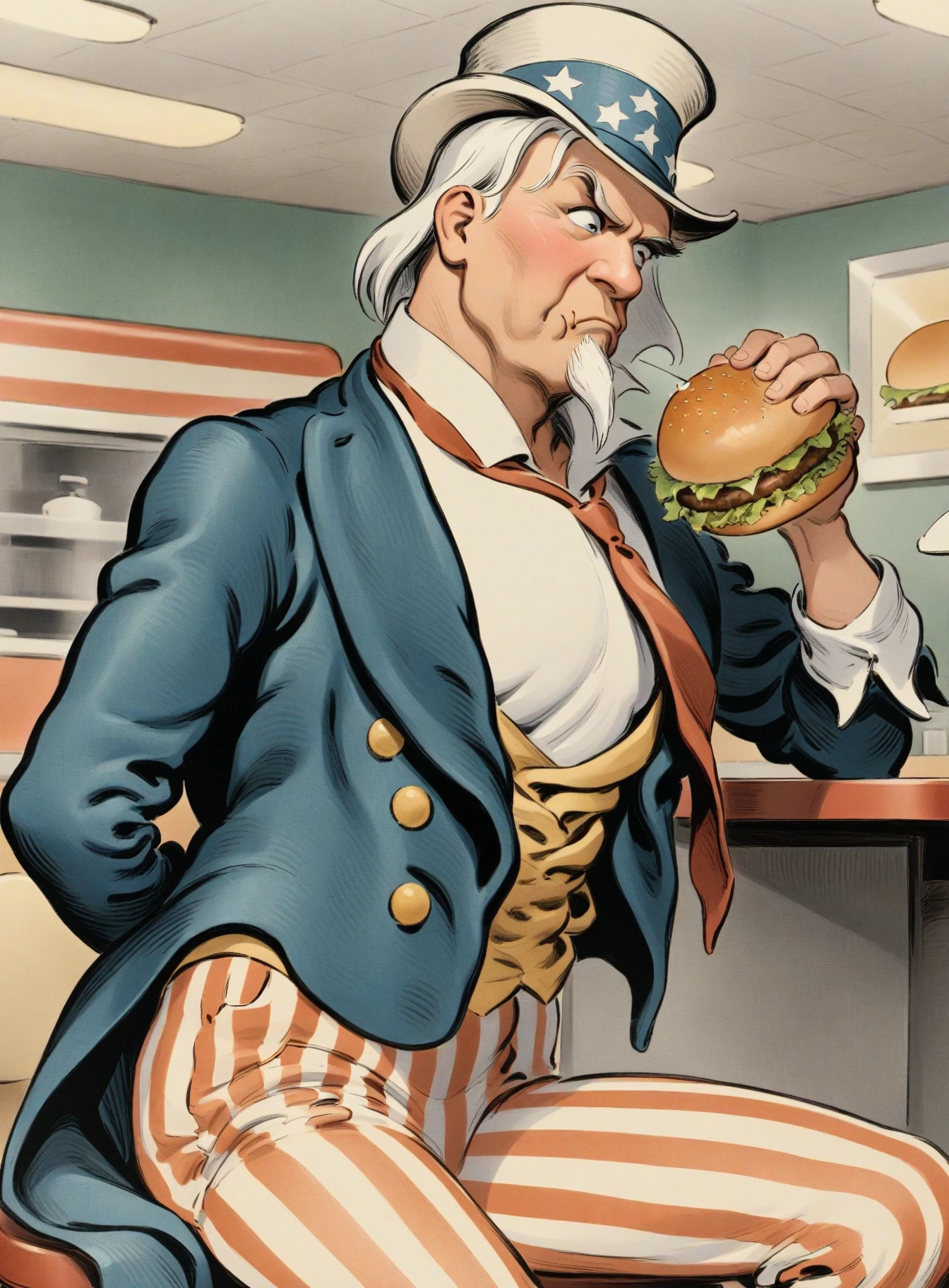 masterpiece, best quality, very aesthetic, absurdres, <lora:uncle_sam_animagine_xl_3_1_v01-000020:1>uncle sam, 1boy, white hair, long goatee, red vertical-striped pants, blue tailcoat, yellow vest, white shirt, sleeves rolled up, white hat with blue hat band, red undone necktie, light-skinned male, looking to the side, from the side, half body, sitting, eating, :t, hamburger in mouth, 1950s diner, table, seats, (counter in background), <lora:Wizards_Vintage_Golden_Age_Illustrations:1>