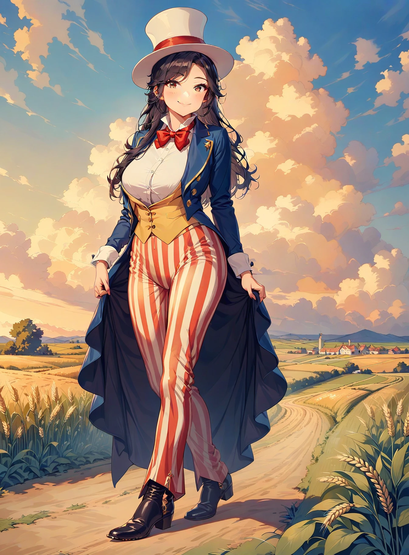 masterpiece, best quality, very aesthetic, absurdres, <lora:uncle_sam_animagine_xl_3_1_v01-000020:1>1girl, solo, black hair, long hair, red vertical-striped pants, blue tailcoat, white top hat, yellow vest, (blue hat band with stars:0.5), white shirt, (black boots:0.75), red bowtie, boot clips, light-skinned male, smile, looking at viewer, from front, full body, wrinkles, standing, dirt road, (wheat fields:1.2), beautiful clouds, (city in the distance:0.75), <lora:EldritchRomanceIllustration1.3.1:1>