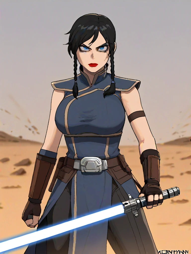 sateleshan, braided hair, 1girl, jedirobes,upper body portrait, blue eyes, large breasts, black hair, breasts, lightsaber, gloves, belt, sword, lipstick, fingerless gloves, energy sword, makeup, solo, weapon, battlefield, explosion in background