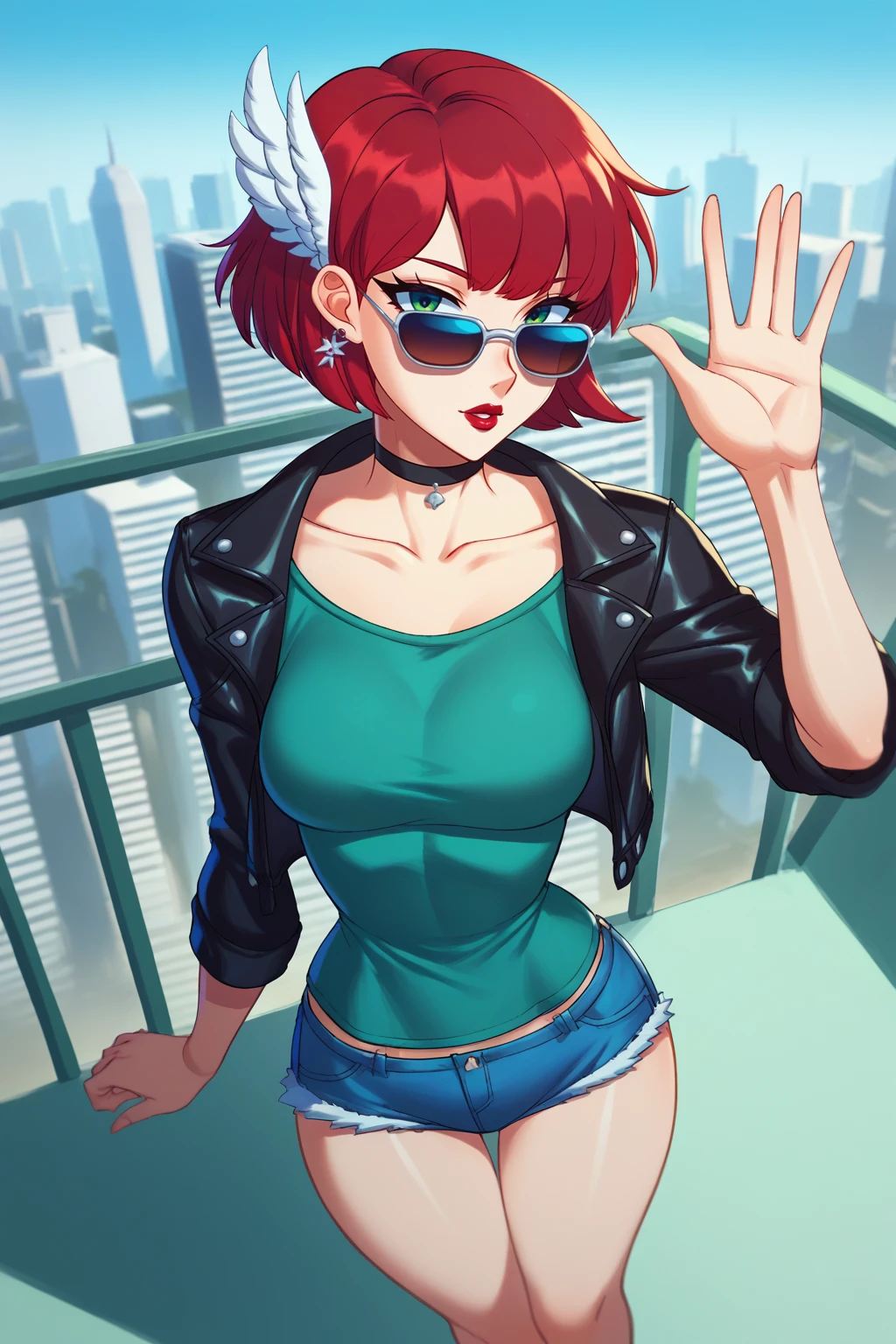 score_9, score_8_up, score_7_up, score_6_up, score_5_up, score_4_up, BREAK digital painting, 1girl, solo, <lora:NSPriscillaFE7:1> NSPriscillaFE7, red hair, short hair, wing hair ornament, sunglasses, choker, leather jacket, shirt, denim shorts, sexy pose, lips, lipstick, collarbone, from above, top angle, city skyline, waving