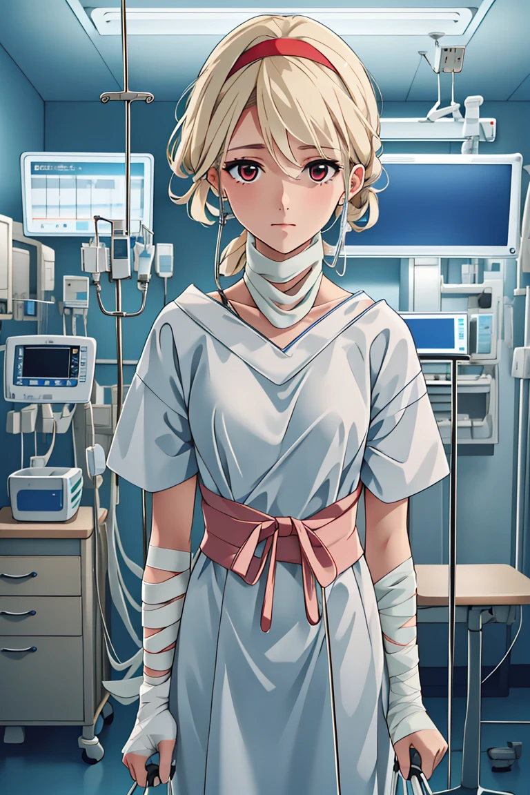 (RAW photo, best quality,facing the viewer,from front), operating room, overhead surgical light,blurred background, focused, dithering,backlighting,
<lora:CM_Patient_Bandaged_V2.0-000004:0.8> patient_bandaged, 1girl, solo, hospital bed, intravenous drip, bandages, monitor,
 <lora:Sayuri_Brooks_V1.0:0.8> sayuri brooks, 1girl, solo, anime coloring,blonde hair, red eyes,