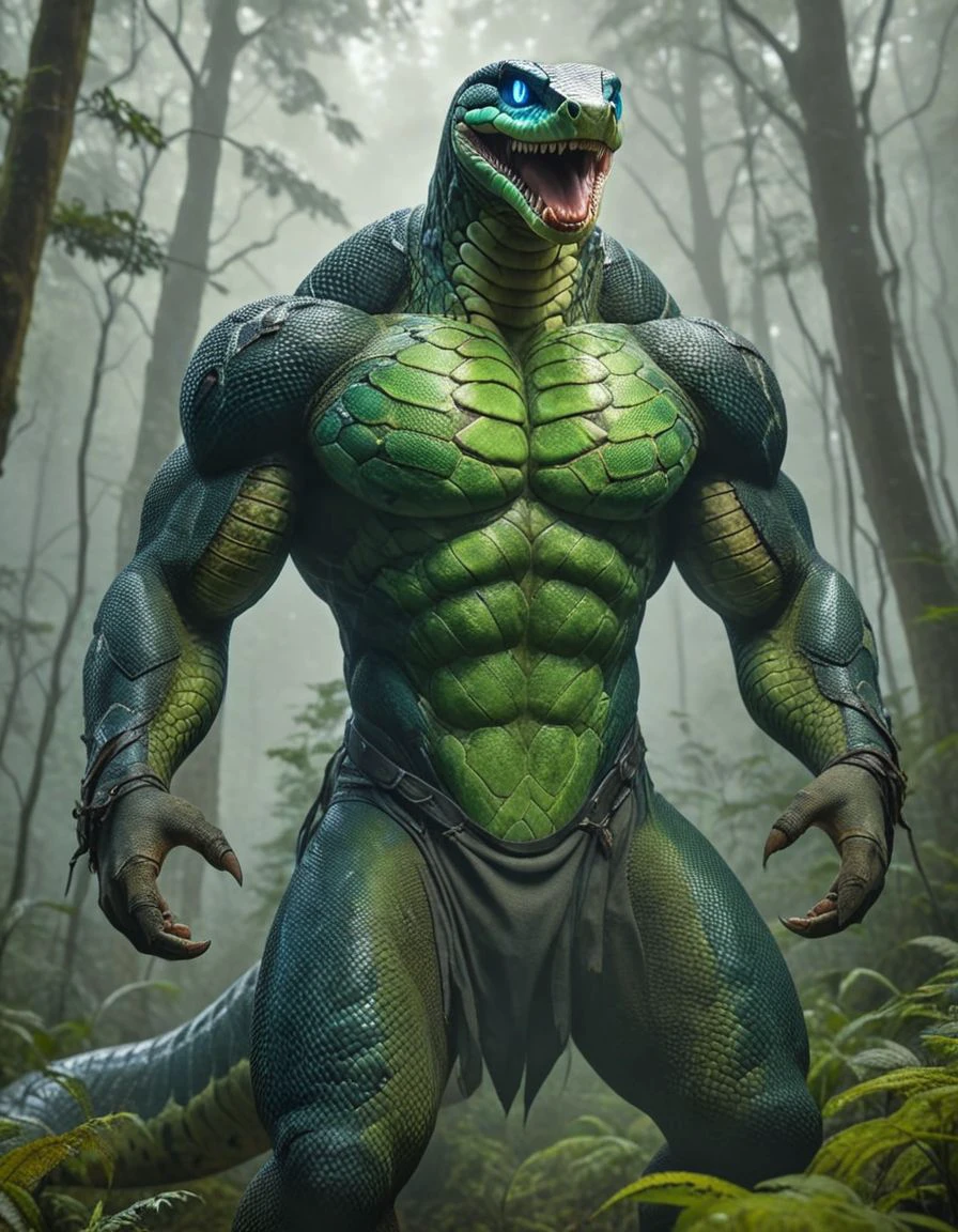 anthromuscular, of an anthro SNAKE with bright green scales, sharp teeth, and glowing blue eyes, n front of a ancient forest, with misty fog in the background, highly detailed, high resolution 8k, soft lighting, warm color tone, dynamic pose <lora:anthromuscular:1>