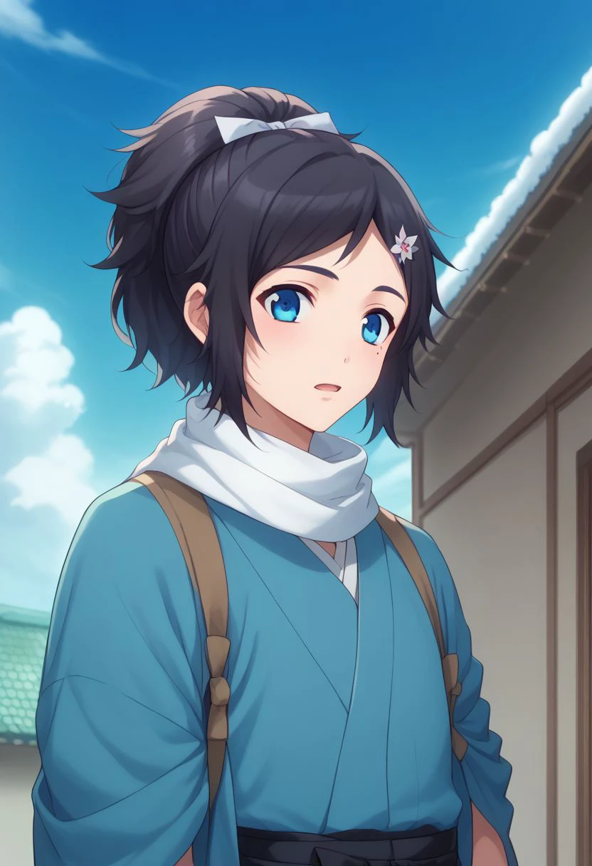 score_9, score_8_up, score_7_up, source_anime, highly detailed, 
yasusada,1boy, male focus, blue eyes, mole, mole under eye, solo, japanese clothes, scarf, hair ornament, sky, haori, black hair, cloud, day, hairclip, ponytail, open mouth,
upper body, blue sky,