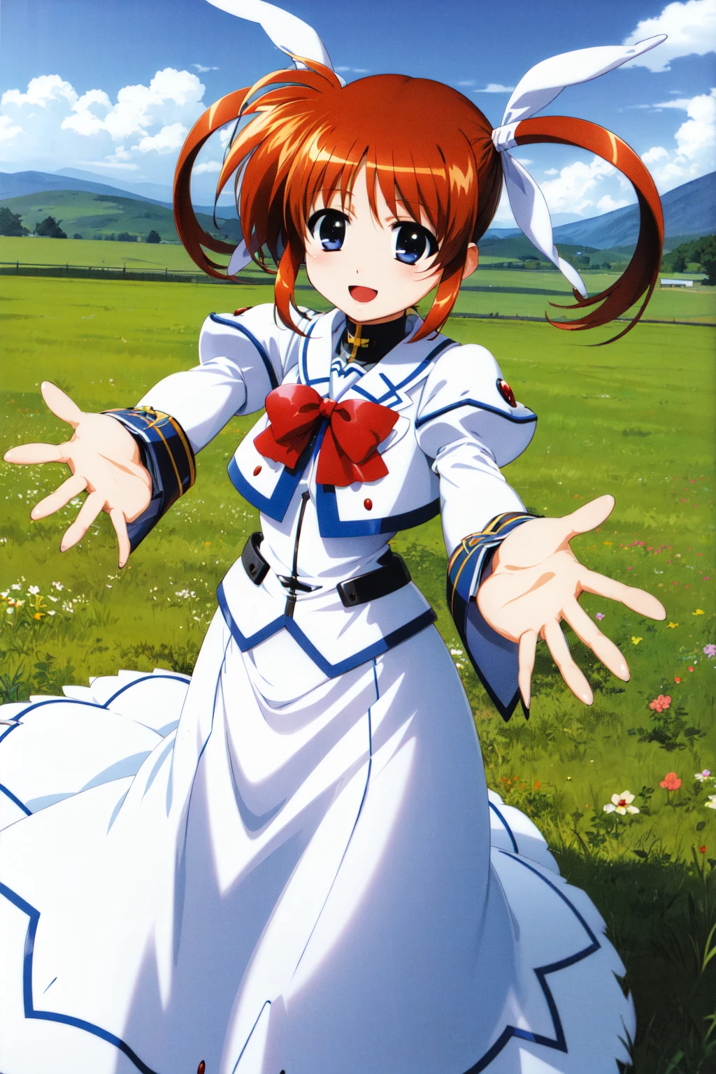 masterpiece, best quality, highres, aananoha, short twintails, hair ribbon, white ribbon, small breasts, magical girl, red bow, white jacket, white dress, puffy sleeves, long sleeves, long skirt, <lora:takamachi_nanoha_v1:0.7>, smile, outdoors, open mouth, reaching out, field