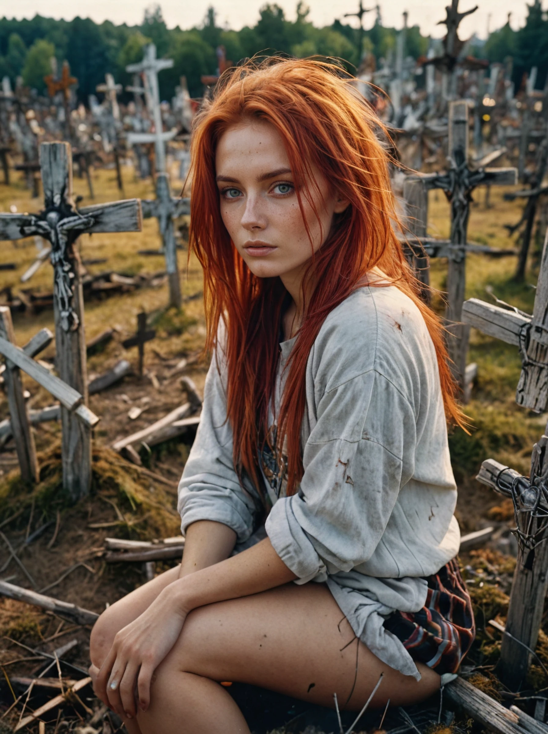 a beautiful woman,Fiery hair,streaked hair,knee level shot,The Hill of Crosses Lithuania,epic Detailed illustration vibrant extremely hyper aesthetic,Kodak Ektachrome E100,Warm lighting