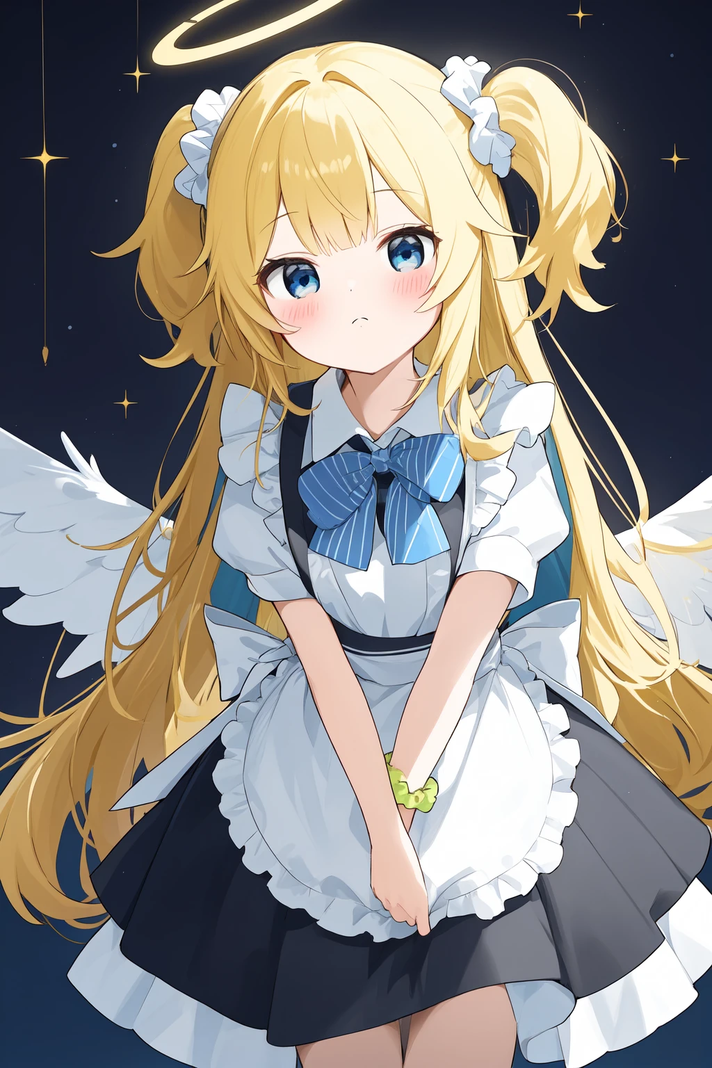 1girl, solo, halo, long_hair, blue_eyes, blonde_hair, apron, forehead, blue_apron, blush, spoken_blush, bow, wings, skirt, shirt, short_sleeves, two_side_up, black_bow, mini_wings, looking_at_viewer, white_shirt, black_skirt, scrunchie, id_card, wrist_scrunchie, collared_shirt, closed_mouth, strap_slip, striped_bow, very_long_hair, bowtie, blue_background, own_hands_together, striped, twitter_username, black_bowtie, pleated_skirt, white_wings, striped_bowtie, sparkle, bangs, white_scrunchie, flying_sweatdrops,<lora:çå©å¸2.0:0.7>,